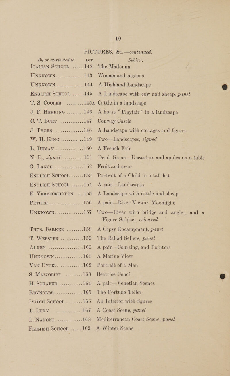 By or attributed to LOT ITALIAN SCHOOL: &lt;..- +. 142 TUN RON OWN icon. ecco 143 UINKNOWN +3 -c.cesceer 144 ENGLISH SCHOOL ...... 145 Se COOPER. “cinch. 145A Jc AXERREING Si oe ce 146 CPA RURT anaes 147 Fs PHORS 35. gees 148 Wo, WING css &gt;. 149 Tj DMPA as oo rics 150 IND SGD. cues oes od CG PUANCH sane: 152 ENGLISH SCHOOL ...... 153 ENGLISH SCHOOL ...... 154 E. VERBECKHOVEN ...155 (ig a eee ere ae 156 UNKNOWN: 5 occcaao 157 THos. BARKER .......... 158 WHSRSTER «3. .c.a. D9 AGEING = coc tet 160 UNKNOWN igee0s o0-orae- 161 NON cWIVOKi ss Sa eens 162 . MAZZOGING §,. cc: 0c. 163 FL GHA WBR ac. css see 164 REYNOLDS 5-nccee tae: 165 DUTCH - SCHOOL 2.2.3. 166 (RilOINN alten cca an oe 167 die, INANONITS Sa cdc: 168 FLEMISH SCHOOL ...... 169 | Subject. The Madonna ( Woman and pigeons A Highland Landscape A Landscape with cow and sheep, panel Cattle in a landscape A horse “ Playfair” in a landscape Conway Castle A Landscape with cottages and figures Two—Landscapes, signed A French Fair Dead Game—Decanters and apples on a table Fruit and ewer Portrait of a Child in a tall hat A pair—- Landscapes A Landscape with cattle and sheep A pair—River Views: Moonlight Two—River with bridge and angler, and a Figure Subject, coloured A Gipsy Encampment, panel The Ballad Sellers, paned A pair—Coursing, and Pointers A Marine View Portrait of a Man Beatrice Cenci A pair—Venetian Scenes The Fortune Teller An Interior with figures A Coast Scene, panel Mediterranean Coast Scene, panel A Winter Scene  