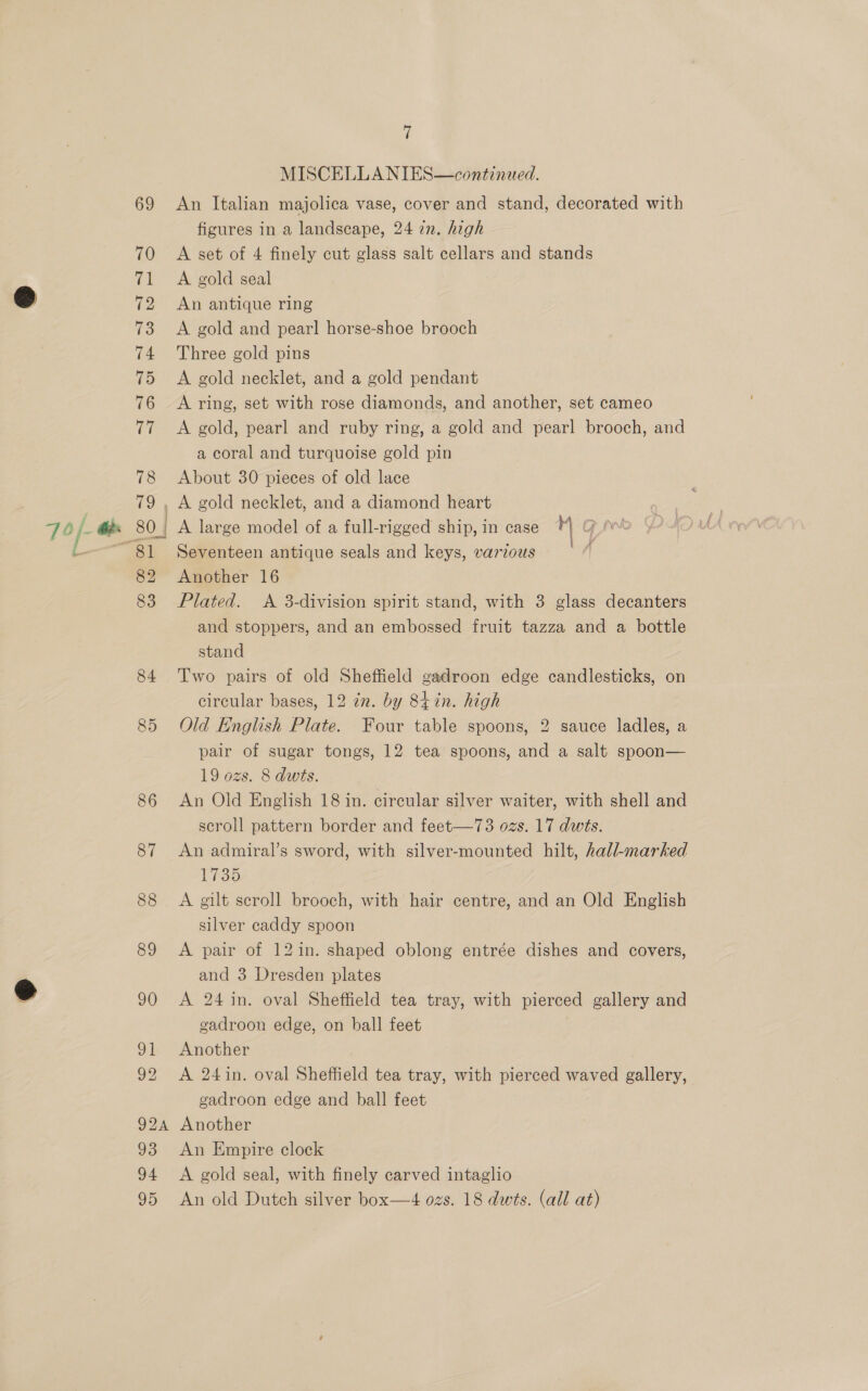 © 69 70 ie: 72 74 75 76 ve 78 79 SO i ore, St 82 83 84 85 94 95 7 MISCELLANIES—continued. An Italian majolica vase, cover and stand, decorated with figures in a landscape, 24 zn. high A set of 4 finely cut glass salt cellars and stands A gold seal An antique ring Three gold pins A gold necklet, and a gold pendant A ring, set with rose diamonds, and another, set cameo A gold, pearl and ruby ring, a gold and pearl brooch, and a coral and turquoise gold pin About 30 pieces of old lace A gold necklet, and a diamond heart A large model of a full-rigged ship, in case M G Pas Seventeen antique seals and keys, various ‘A Another 16 Plated. <A 3-division spirit stand, with 3 glass decanters and stoppers, and an embossed fruit tazza and a bottle stand Two pairs of old Sheffield gadroon edge candlesticks, on circular bases, 12 in. by 8t7in. high Old English Plate. Four table spoons, 2 sauce ladles, a pair of sugar tongs, 12 tea spoons, and a salt spoon— 19 ozs. 8 dwts. An Old English 18 in. circular silver waiter, with shell and scroll pattern border and feet—73 ozs. 17 dwts. An admiral’s sword, with silver-mounted hilt, hall-marked Th36 A gilt scroll brooch, with hair centre, and an Old English silver caddy spoon A pair of 12in. shaped oblong entrée dishes and covers, and 3 Dresden plates A 24 in. oval Sheffield tea tray, with pierced gallery and gadroon edge, on ball feet Another A 24in. oval Sheffield tea tray, with pierced waved gallery, gadroon edge and ball feet Another An Empire clock A gold seal, with finely carved intaglio An old Dutch silver box—4 ozs. 18 dwts. (all at)