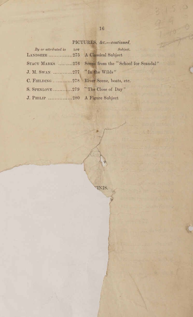 PICTURES, &amp;¢c.—continued.  By or attributed to LOT ao Subject. LANDSEER =... ... .))iesng 275 A Classical Subject Sit ee. 4 STACY MARKS ....-.... 276 Scene from the “School for Scandal” “ / J. MOS WAN: suche oe 277 “Inlifhe Wilds” C; FIELDING::: ..: See. 278 River Scene, boats, ete. S. SPENLOVE........ y.--279 “The-Close of Day ” d. PHILIP... Oe 280 <A Figure Subject ps / Ps i Y “ENIS OE eH