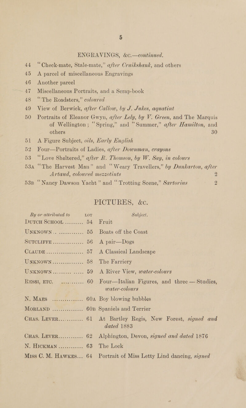 44 “Check-mate, Stale-mate,” after Cruikshank, and others 45 &lt;A parcel of miscellaneous Engravings 46 Another parcel 47 Miscellaneous Portraits, and a Scrap-book 48 “The Roadsters,” coloured 49 View of Berwick, after Callow, by J. Jukes, aquatint 50 Portraits of Eleanor Gwyn, after Lely, by V. Green, and The Marquis of Wellington; “Spring,” and “Summer,” after Hamilton, and others 30 51 &lt;A Figure Subject, ols, Karly English 52 Four—Portraits of Ladies, after Downman, crayons 53 “Love Sheltered,” after Rk. Thomson, by W. Say, in colours 534 “The Harvest Man” and “Weary Travellers,” by Dunkarton, after Artaud, coloured mezzotints 2B) 53p “Nancy Dawson Yacht ” and “ Trotting Scene,” Sartorius 2 PICTURES, &amp;c. By or attributed to LOT Subject. DUTCH SCHOOL. 45.4: 54 Fruit MEN ENOWIN © cde es tanstan 55 Boats off the Coast DULCEIFP Hs... 5. vaaeks 56- A pair—Dogs CUAUIE.... teens. 57 &lt;A Classical Landscape CONEN ORV Ni ge. cas do. sdae 58 The Farriery TIMIRINOIVIN b..c5e0c0 220%. 59 A River View, water-colours LCA PSE 9S UC ee oe 60 Four—lItalian Figures, and three — Studies, water-colours IN MEAIEIS Seca. s cg. 604 Boy blowing bubbles MORDAND: .o.0 cid. e. 60B Spaniels and Terrier CAs GEER «2... 000. 61 At Bartley Regis, New Forest, signed and dated 1883 CHAS: LEVER............ 62 Alphington, Devon, segned and dated 1876 IN PMOMROAING Fee)... 63 The Lock