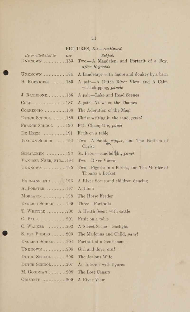 1g. PICTURES, &amp;c.—continued. By or attributed to LOT Subject. MO NIONOWN os ccsscccacs ss 183 Two—-A Magdalen, and Portrait of a Boy, after Reynolds RENNIN A) coi: odete. 184 A Landscape with figure and donkey bya barn NOR RMORK aonlic.s. 185 A pair—A Dutch River View, and A Calm with shipping, panels 07 HUN THERON Bi, 335 oxthng sce 186 A pair—lLake and Road Scenes 919) | ae .. 187 &lt;A pair—Views on the Thames COMREGEIO§. Sacvsictea 188 The Adoration of the Magi DOTCOH SCHOOL .... 224. 189 Christ writing in the sand, panel | FRENCH SCHOOL ...... 190 Féte Champétre, panel TO PENG oso ve pielsin ca. 191 Fruit on a table TTATAAN SCHOOL ....... 192 Two—A Saint, copper, and The Baptism of Christ ' POMATOK EM: os G.55 193 Sa Peter—candlelitht, panel VAN DER NEER, ETC....194 Two—River Views Te EKO ON, «0222 sal et ocicx 195 Two—Figures in a Forest, and The Murder of Thomas a Becket HERMANS, ETC......; ~..196 A River Scene and children dancing rE ORSTER: coy Nae: 197° Autumn WIORGAN Mes fore noon 198 The Horse Feeder ENGLISH SCHOOL ...... 199 Three—Portraits Ee WAGER eo non 200 &lt;A Heath Scene with cattle Ce RL eee reo ee 201 Fruit on a table CoN ADK oo. 202 A Street Seene—Gaslight S.. DEL PIOMBO-745....4.. 203 The Madonna and Child, panel ENGLISH SCHOOL ......204 Portrait of a Gentleman Ununowne cack: 205 Girl and dove, oval DUTCH SCHOOL: 223: 25 206 The Jealous Wife DUTCH SCHOOL... 2%. 207 An Interior with figures M. GoouMAN jaan A 208 The Lost Canary ORION cee ee 209 A River View