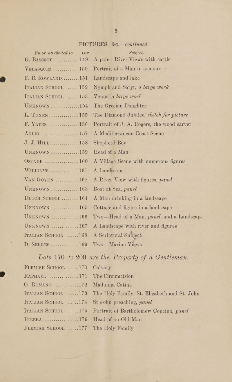 By or attributed to LOT Ce DAGSRTIS 149 NBEASQUBAS:. . cli. 3. 150 F268, ROWLAND. .<+<. +. 151 ITALIAN SCHOOL 152 ITALIAN SCHOOL: «22. 153 UNENOWN .....0.22220 154 he GENE cone 155 Pee WAGE Ss 2 ee 156 PLO pee tes. 4c ane Lov ere eBE lines, ae oan, 2c 158 WENO W Nis osc 159 Oat ccinovk bed coi: 160 WEL IADIS. Boos. Seis sae 161 VAN COVEN jcleccue ae 162 UNENOW Ne 163 DUTCH SCHOOL ....0.... 164 IONKNOWN ...cccet ects 165 UNENOWN 220.14. ety 166 WNGNOWIN = iscea orca 167 TT AGIAN SCHOOL ...2% 168 DO OURRES., 0. areca es 169 Lots 170 to 200 FLEMISH SCHOOL ...... 170 OMPIPR EE: = <a cs eee 171 CG ROMANO: = ae. 122 TTALIAN SCHOOL -.s05 £3 TEALTAN SCHOOL s.2°.. 174 EVATIAN-SOHG@OL—...:.. 175 | 4) OF a as abu FLEMISH SCHOOL ...... |G Subject. A pair—River Views with cattle Portrait of a Man in armour Landscape and lake Nymph and Satyr, a large work Venus, a large work The Grecian Daughter The Diamond Jubilee, sketch for picture Portrait of J. A. Rogers, the wood carver A Mediterranean Coast Scene Shepherd Boy Head of a Man A Village Scene with numerous feures A Landseape | A Rie View with figures, panel Boat at Sea, panel A Man drinking in a landscape A. Landscape with river and figures A Scriptural Subject Two—Marine Views Calvary The Circumcision Madonna Catina St John preaching, panel Portrait of Bartholomew Concino, panel Head of an Old Man The Holy Family