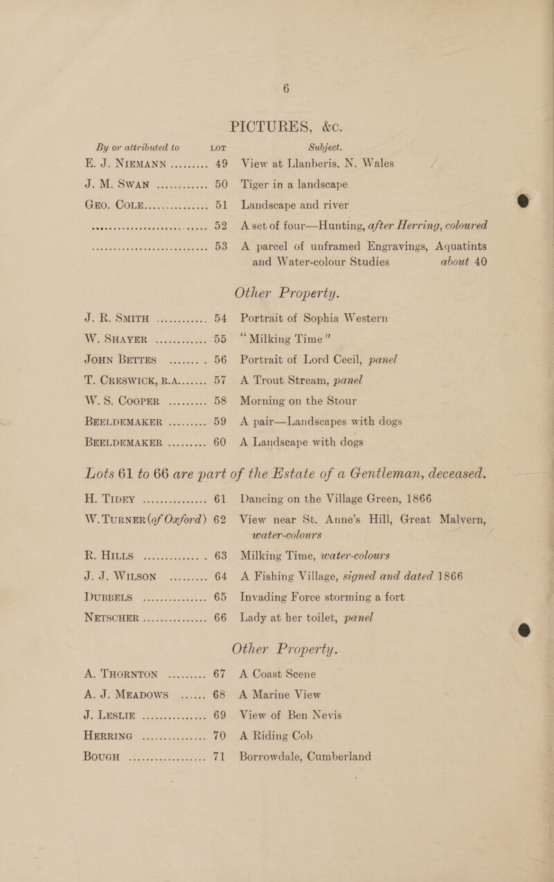 PICTURES, &amp;o.  By or attributed to LOT Subject. H.. ds NIEMANN . 2. Sees. 49 View at Llanberis, N. Wales od NDS WANG ceo eetae 50 ‘Tiger in a landscape GEO: COLE ose aoe 51 Landscape and river @ Bae a etee ne eeeeeD tn he 52 Asetof four—Hunting, after Herring, coloured Higa hie eee ete 53 &lt;A parcel of unframed Engravings, Aquatints and Water-colour Studies about 40 Other Property. J Aes SMATHO SS. es. 54 Portrait of Sophia Western OVcs CEES TINE to CEs ae 55 “ Milking Time” JOHN BETTES ....... . 56 Portrait of Lord Cecil, panel T. CRESWICK, R.A....... 57 &lt;A Trout Stream, panel WS. (COOPER: oa. cscs 58 Morning on the Stour BEELDEMARER :..0.46.&lt; 59 &lt;A pair—Landscapes with dogs BEELDEMAKER ......... 60 A Landseape with dogs Lots 61 to 66 are part of the Estate of a Gentleman, deceased. Hk TY. ahs oe cescisnaeok x 506 61 Dancing on the Village Green, 1866 W.TuRNER (of Oaford) 62 View near St. Anne’s Hill, Great Malvern, water-colours os SSS 0 Mee aS . 63 Milking Time, water-colours Fe rreOn lt 64 A Fishing Village, signed and dated 1866 OBB R SS Whi c. sake on 65 Invading Force storming a fort INBTSOMBR i..cks cs deecoa.. 66 Lady at her toilet, panel Other Property. A. THORNTON: 32.005... 67 &lt;A Coast Scene A. J. MEapows ....... 68 &lt;A Marine View ey MLSE UE, odes toa eae 69 View of Ben Nevis HBPRING Yilcie beat e 70 A Riding Cob BOGE 2 e.nc taste 71 Borrowdale, Cumberland