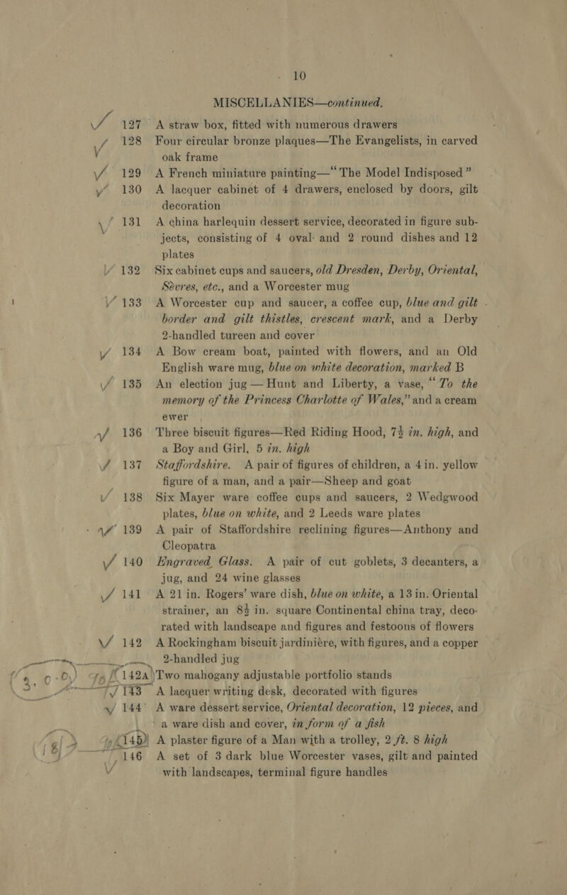 o \/ 142 O- 0 ) lf K | 42) ——j/ l43 \/ 144 : - / 128 f 129 i rae) 132 / 133 if 135 f 137 i 138 \f 139 10 MISCELLANIES—continued. Four circular bronze plaques—The Evangelists, in carved oak frame A French miniature painting— The Model Indisposed ” A lacquer cabinet of 4 drawers, enclosed by doors, gilt decoration A china harlequin dessert service, decorated in figure sub- jects, consisting of 4 oval: and 2 round dishes and 12 plates Six cabinet cups and saucers, old Dresden, Derby, Oriental, Sevres, etc., and a Worcester mug A Worcester cup and saucer, a coffee cup, blue and gilt - border and gilt thistles, crescent mark, and a Derby 92-handled tureen and cover A Bow cream boat, painted with flowers, and an Old English ware mug, blue on white decoration, marked B An election jug — Hunt and Liberty, a vase, “To the memory of the Princess Charlotte of Wales,” and a cream ewer Three biscuit figures—Red Riding Hood, 74 zn. high, and a Boy and Girl, 5 in. high Staffordshire. A pair of figures of children, a 4in. yellow figure of a man, and a pair—Sheep and goat Six Mayer ware coffee cups and saucers, 2 Wedgwood plates, blue on white, and 2 Leeds ware plates A pair of Staffordshire reclining figures—Anthony and Cleopatra . Engraved. Glass. &lt;A pair of cut goblets, 3 decanters, a jug, and 24 wine glasses A 21 in. Rogers’ ware dish, blue on white, a 13 in. Oriental strainer, an 8% in. square Continental china tray, deco- rated with landscape and figures and festoons of flowers A Rockingham biscuit jardiniére, with figures, and a copper 2-handled jug Two mahogany adjustable portfolio stands A ware dessert service, Oriental decoration, 12 pieces, and a ware dish and cover, in form of a fish ls 146 VV A set of 3 dark blue Worcester vases, gilt and painted with landscapes, terminal figure handles