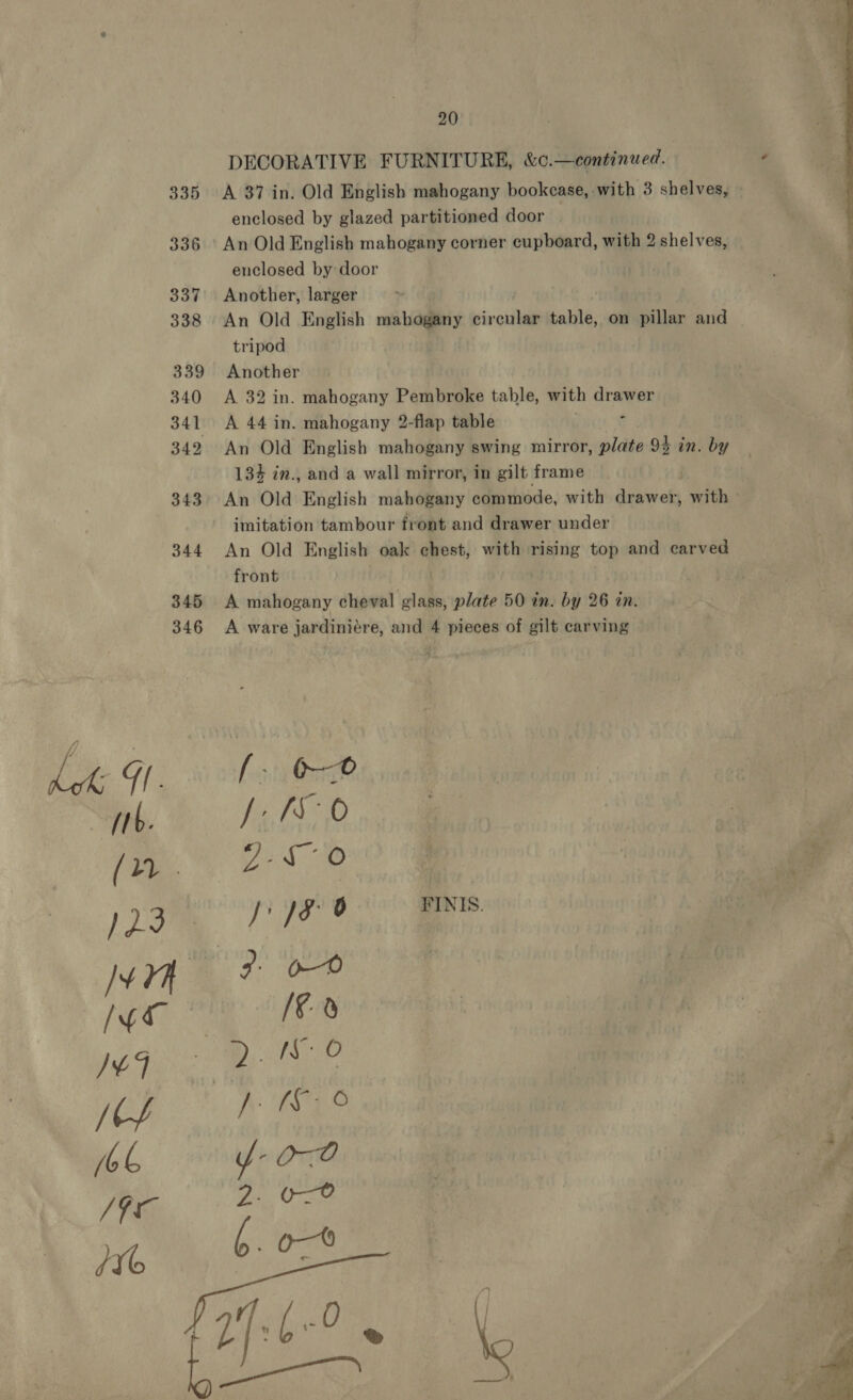  20 DECORATIVE FURNITURE, &amp;o.—continued. A 37 in. Old English mahogany bookcase, with 3 shelves, An Old English mahogany corner cupboard, with 2 shelves, enclosed by door Another, larger An Old English mahogany vévoittall table, on pillar and tripod Another An Old English mahogany swing mirror, plate 94 in. by 134 in., and a wall mirror, in gilt frame imitation tambour front and drawer under An Old English oak chest, with rising top and carved A ware jardiniére, and 4 pieces of gilt carving FINIS.  