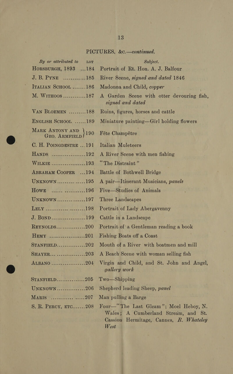 By or attributed to LOT HORSBURGH, 1893 ...184 PAL VIS fn vsiaeid ae 185 ITALIAN SCHOOL ....... 186 EER TEHOOS. 4 Jaust oc .5, 187 VAN BLOEMEN ......... 188 ENGLISH SCHOOL ...... 189 MARK ANTONY AND hig 0 Gro. ARMFIELD C. H. Pomnapestre ...191 EAMG etek Sat 192 We ise free badge 193 ABRAHAM CooPER. ...194 UNKNOWN......... eh pi 195 TWEE v.00, Ba cers 196 DAN EOP Noa) weve sua'e tie 197 BGEIN GS. cctparisa stuns «oe 198 SE DQIN DM, . Soeete dane vest: 199 Tey OLDS n2es se 0eees 200 PUM Vaio od Livy wansndens 201 PAM BIRLIG, Poss cc. ves 202 OS Pe en Bg ap 203 PAAR ee ioe tees 204 STANUIBLD: vs cen. .5- ans 205 INTONGIW I costa tes scares 206 Mais 2h Mets 207 Bo AERO we ETC. cs 208 Subject. Portrait of Rt. Hon. A. J. Balfour River Scene, signed and dated 1846 Madonna and Child, copper A Garden Scene with otter devouring fish, signed and dated Ruins, figures, horses and cattle Miniature painting—Girl holding flowers Féte Champétre Italian Muleteers A River Scene with men fishing “The Distraint ” Battle of Bothwell Bridge A pair—Itinerant Musicians, panels Five—Studies of Animals Three Landscapes Portrait of Lady Abergavenny Cattle in a Landscape Portrait of a Gentleman reading a book Fishing Boats off a Coast Mouth of a River with boatmen and mill A Beach Scene with woman selling fish Virgin and Child, and St. John and Angel, gallery work Two—Shipping  Shepherd leading Sheep, panel Man pulling a Barge Four—“The Last Gleam”; Moel Heboy, N. Wales; A Cumberland Stream, and St. Cassion Hermitage, Cannes, 2. Whateley West