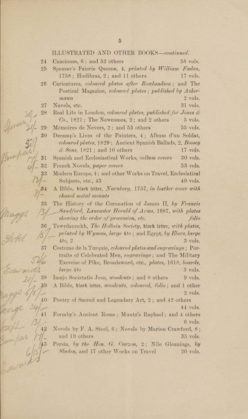 ILLUSTRATED AND OTHER BOOKS —continued. 24 Canciones, 6; and 52 others 58 vols. 25 Spenser’s Faierie Queene, 4, printed by William Faden, 1758 ; Hudibras, 2; and 11 others 17 vols. 26 Caricatures, coloured plates after Rowlandson; and The Poetical Magazine, coloured plates; published by Acker- mann 2 vols. 27 Novels, etc. 31 vols. Yi], 28 Real Life in London, coloured plates, published for Jones &amp; a Co., 1821; The Newcomes, 2; and 2 others 5 vols. ees - 29 Mémoires de Nevers, 2; and 53 others 55 vols. , 30 Decamp’s Lives of the Painters, 4; Album d’un Soldat, /] coloured plates, 1829; Ancient Spanish Ballads, 2, Boosey Al, &amp; Sons, 1821; and 10 others 17 vols. / 31 Spanish and Ecclesiastical Works, vellum covers 30 vols. fi 32 French Novels, paper covers 53 vols. ‘83 Modern Europe, 4; and other Works on Travel, Ecclesiatical /34— Subjects, ete., 45 49 vols. 4 A Bible, black letter, Nurnberg, 1757, in leather cover with if- chased metal mounts 35 The History of the Coronation of James II, by Francis /3f _-Sandford, Lancaster Herald of Arms, 1687, with plates 4 showing the order of procession, etc. Solio 36, Tewrdannekh, The Holbein Society, black letter, with plates, Is tis printed by Wyman, large 4to; and Egypt, by Ebers, large   Lio, 2 3 vols. 37 Costume de la Turquie, coloured plates and engravings ; Por- wt Te traits of Celebrated Men, engravings; and The Military ) ; 6 Exercise of Pike, Broadsword, ete., plates, 1618, boards, , large 4to 3 Vols. Imajo Societatis Jesu, woodcuts ; and 8 others 9 vols. A Bible, black letter, woodcuts, coloured, folio; and 1 other | 2 vols. Poetry of Sacred and Legendary Art, 2; and 42 others 44 vols. Formby’s Ancient Rome; Muntz’s Raphael; and 4 others 6 vols. Novels by F. A. Steel, 6; Novels by Marion Crawford, 8 ; and 19 others 35 vols. Persia, by the Hon. G. Curzon, 2; Nile Gleanings, by Sladen, and 17 other Works on Travel 20 vols.