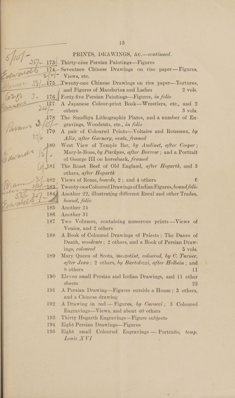 ai ‘j- PRINTS, DRAWINGS, &amp;c.—continued. / ’ 35)— 173| Thirty-nine Persian Paintings—Figures Te que -Seventeen Chinese Drawings on rice paper— Figures, | Ww 2v/*I~ Views, ete. | Uh evtt/V' 35/175 wenty-one Chinese Drawings on rice paper-—-Tortures, | , and Figures of Mandarins and Ladies 2 vols. lov ks ie tits Forty-five Persian Paintings—Figures, in folio bY, pr Deft 7 A Japanese Colour-print Book—Wrestlers, etc., and 2 _— _ others 3 vols. ATs The Sundhya Lithographic Plates, and a number of En- a) em tet of eravings, Woodcuts, etc., 22 folio E 179 A pair of Coloured Prints—Voltaire and pono by Vile Alix, after Garnery, ovals, framed / 180 West View of Temple Bar, by Audinet, after Cooper ; 1g | ost Vr [4 | , Mary-le-Bone, by Parkyns, after Borrow ; and a Portrait fg fw | of George III on horseback, framed 4 - 181 The Roast Beef of Old England, after Hogarth, and 3 others, after Hogarth x 3 182 Views of Rome, boards, 2; and 4 others 6 —2pfass. Twenty-one Soci terinde of Indian Figures, bound folio f# Another 22, illustrating different Rural and other Trades, . bound, folio Another 24 186 Another 31 187 Two Volumes, containing numerous prints—Views of Venice, and 2 others. 188 <A Book of Coloured Drawings of Priests; The Dance of Death, woodcuts ; 2 others, and a Book of Persian Draw- ings, coloured 5 vols. 189 Mary Queen of Scots, mezzotint, coloured, by C. Turner, after Jean; 2 others, by Bartolozzi, after Holbein; and   8 others 1l 190 Eleven small Persian and Indian Drawings, and 11 other sheets 22 191 A Persian Drawing—Figures outside a House; 3 others, and a Chinese drawing 192 A Drawing in red — Figures, by Caracci; 3 Coloured Engravings—Views, and about 40 others 193 Thirty Hogarth Engravings—Figure subjects 194 Eight Persian Drawings—Figures 195 Hight small Coloured Engravings — Portraits, temp. Lows X VI