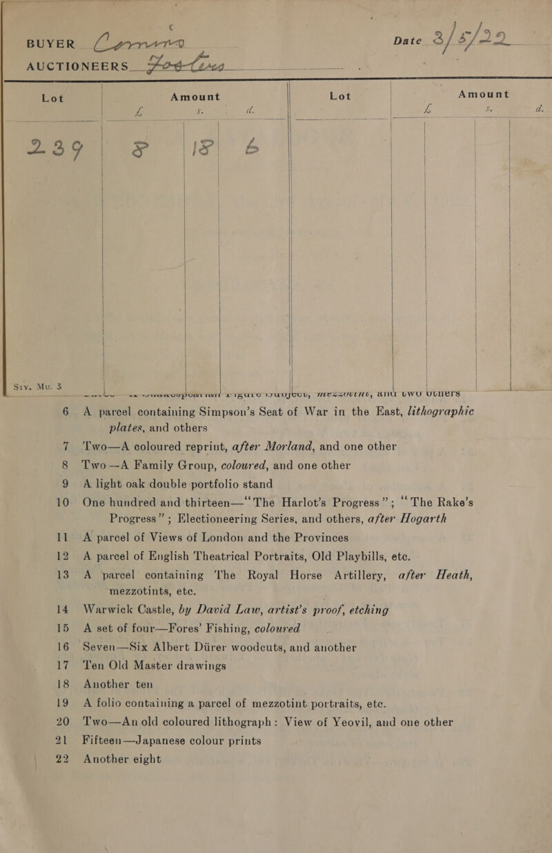        |      Sty. Mu. 3 J H } . ba ERS re rere USP UME rat LISULre KrunfooT; mexzxz0vtm@o, ANU LUWU ouuers 6 A parcel containing Simpson’s Seat of War in the East, lithographic plates, and others Two—A coloured reprint, after Morland, and one other Two —A Family Group, coloured, and one other A light oak double portfolio stand 10. One hundred and thirteen—‘“The Harlot’s Progress”; “The Rake’s Progress” ; Electioneering Series, and others, after Hogarth 11 A parcel of Views of London and the Provinces 12 A parcel of English Theatrical Portraits, Old Playbills, ete. 13. A parcel containing The Royal Horse Artillery, after Heath, mezzotints, ete. 14. Warwick Castle, by David Law, artist’s proof, etching 15 A set of four—Fores’ Fishing, coloured 16 Seven—Six Albert Diirer woodcuts, and another 17. Ten Old Master drawings 18 Another ten 19 A folio containing a parcel of mezzotint portraits, ete. 20 Two—An old coloured lithograph: View of Yeovil, and one other 21 Fifteen—Japanese colour prints