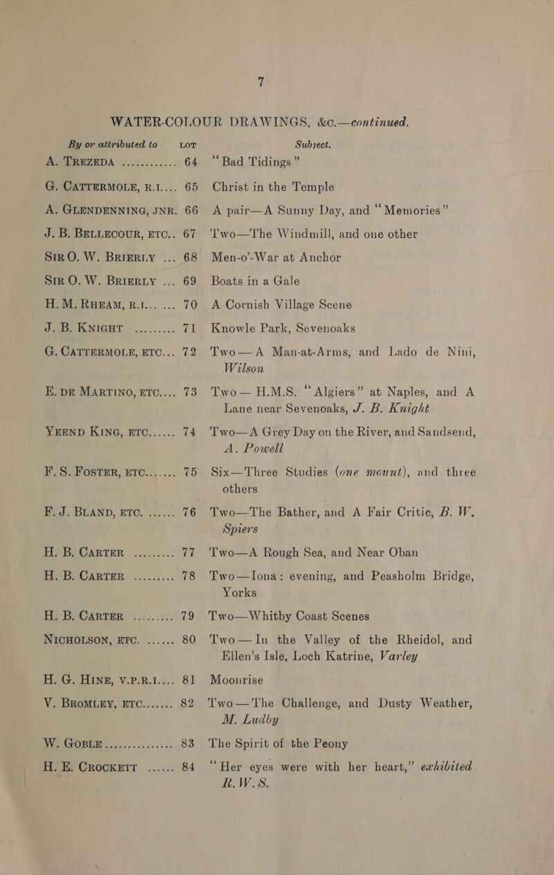 AMMO EZEDA Uks.....-. 64 G. CATTERMOLE, R.I.... 65 Ab GLENDENNING, JNR. 66 J.B. BELLECOUR, ETC.. 67 Sir O. W. BRIERLY ... 68 Sir O. W. BRIERLY ... 69 H.M. REAM, B.1... ... 70 OME IONIGHT ......... 71 G. CATTERMOLE, ETC... 72 E. DE MARTINO, ETC.... 73 YReEND KING, ETC...... 74 F.S. Foster, ETc....... 15 Pay. DLAND, HTO. s..... 76 PP OROARTER ..5..4..- 77 Pee CARTER. o4....... 78 Fy BUOantere’ (5.04. 79 NICHOLSON, ETC. ...... 80 EG er NE, Vir. B.1.¢.. 8) V. BRoMLEY, ETC....... 82 “Bad Tidings ” Christ in the Temple A pair—A Sunny Day, and “Memories” Two—The Windmill, and one other Men-o-War at Anchor Boats in a Gale A Cornish Village Scene Knowle Park, Sevenoaks Two—A Man-at-Arms, and Lado de Nini, Wilson Two— H.M.S. “Algiers” at Naples, and A Lane near Sevenoaks, J. B. Knight Two—A Grey Day on the River, and Sandsend, A. Powell Six—Three Studies (one mount), and three others Two—The Bather, and A Fair Critic, B. W. Spiers Two—A Rough Sea, and Near Oban Two—lIona: evening, and Peasholm Bridge, Yorks Two— Whitby Coast Scenes Two—In the Valley of the Rheidol, and Ellen’s Isle, Loch Katrine, Varley Moonrise Two— The Challenge, and Dusty Weather, M. Ludby The Spirit of the Peony “Her eyes were with her heart,” exhibited R.W.S.