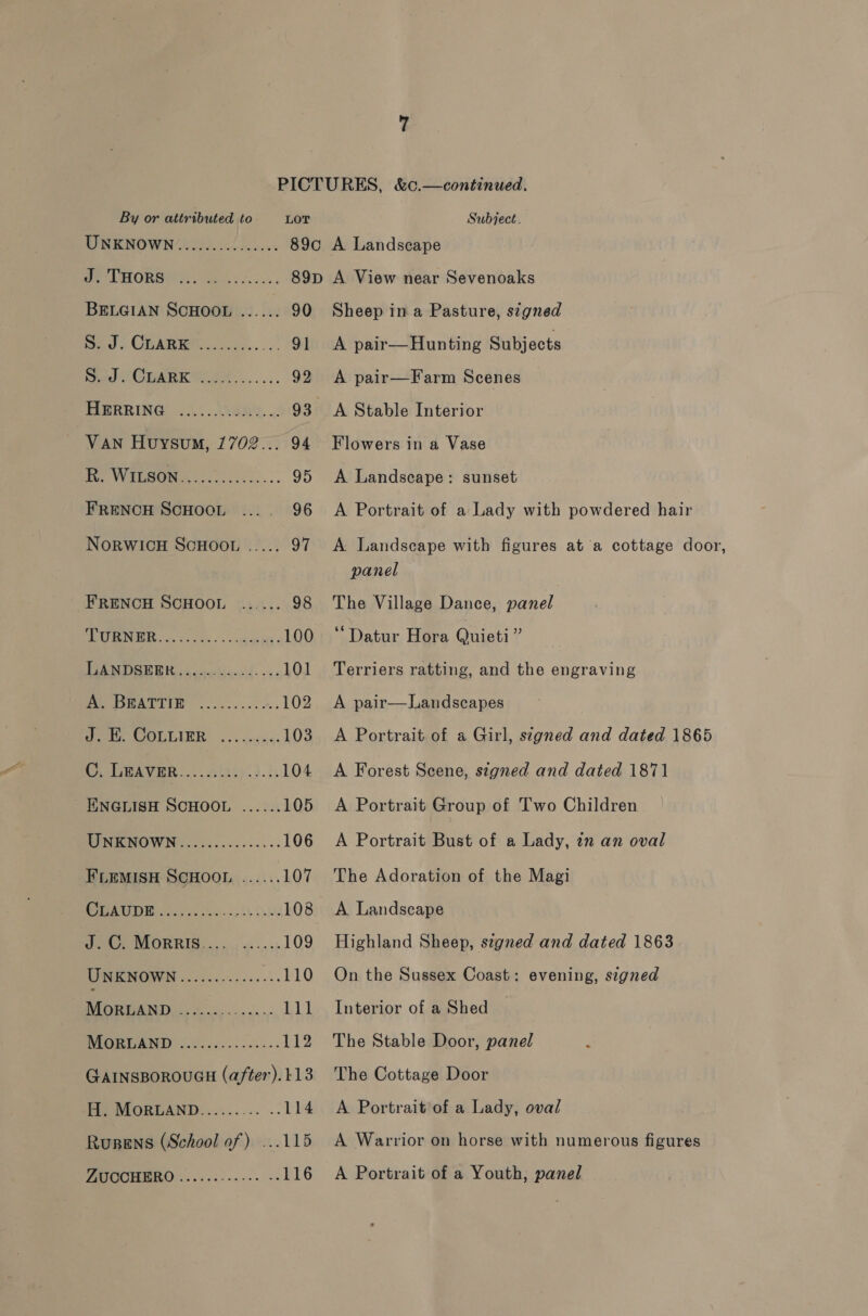 UNKNOWN 3A S60 Re ea tN ee es eereee a CARI oS... 91 Mr OOEARK GG... ... 92 PIGRRING 0: ARERR. 2 93 Van Huysvum, 1702... 94 ie WEESG Ne =i.5.&lt;1 =. ey FRENCH SCHOCL .... 96 NORWICH ScHOOL FRENCH SCHOOL ...... 98 g120) 55113 ON ee 100 LANDBSEBR; 4 ¢2;.-ios00\4- +5 101 PAOD RARTTIO .. 00.2.0: 102 Be OLLARH .. . cc53. 103 is LAV IER «2245.3. 55 104 ENGLISH SCHOOL ...... 105 MINKNOWN..2....5..-..-- 106 FLEMISH SCHOOL ...... 107 NC) Earn 108 ee MORRIG 4s ++ 109 UNKNOWN............ i khO MORMAND .............- 111 OO a: a rr 112 GAINSBOROUGH (after). 113 Pee MIOREAND:..:..... .- 114 Rurens (School of) ...115 MMOCHIERO = ...33------ ss 116 Sheep in a Pasture, signed A pair—Hunting Subjects A pair—Farm Scenes A Stable Interior Flowers in a Vase A Landscape: sunset A Portrait of a Lady with powdered hair panel The Village Dance, panel ‘“Datur Hora Guia ) Terriers ratting, and the engraving A pair—Landscapes A Portrait of a Girl, signed and dated 1865 A Forest Scene, stgned and dated 1871 A Portrait Group of Two Children A Portrait Bust of a Lady, 7n an oval The Adoration of the Magi A. Landscape Highland Sheep, segned and dated 1863 On the Sussex Coast: evening, signed Interior of a Shed The Stable Door, panel J The Cottage Door A Portrait of a Lady, oval A Warrior on horse with numerous figures A Portrait of a Youth, panel