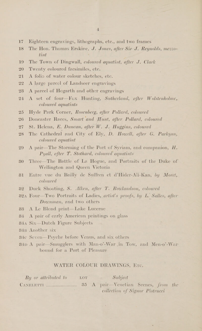 17 Eighteen engravings, lithographs, etc., and two frames 18 The Hon. Thomas Erskine, J. Jones, after Sir J. Reynolds, mezzo- tant 19 The Town of Dingwall, colowred aquatint, after J. Clark 20 Twenty coloured facsimiles, ete. 21 A folio of water colour sketches, ete. 22 A large parcel of Landseer engravings 23 A parcel of Hogarth and other engravings 24 &lt;A set of four—Fox Hunting, Sutherland, after Wolstenholme,. coloured aquatints . 25 Hyde Park Corner, Rosenberg, after Pollard, coloured 26 Doncaster Races, Smart and Hunt, after Pollard, coloured 27 St. Helena, E. Duncan, after W. J. Huggins, coloured 28 The Cathedral and City of Ely, D. Howell, after G. Parkyns, coloured aquatint 29 &lt;A pair—The Storming of the Port of Syriam, and companion, H. Pyall, after T. Stothard, coloured aquatints 30 Three—The Battle of La Hogue, and Portraits of the Duke of Wellington and Queen Victoria 31 Entre vue du Bailly de Suffren et d’Hider-Ab- ree: by Moret, coloured 32. Duck Shooting, S. Alken, after T. Rowlandson, coloured 324 Four—Two Portraits of Ladies, artist’s proofs, by L. Salles, after Downman, and two others 33 A Le Blond print—Lake Lucerne | 34 A pair of early American paintings on glass 344 Six—Dutch Figure Subjects 348 Another six 34c Seven 34p A pair—Smugeglers with Man-o’-War in Tow, and Men-o’-War bound for a Port of Pleasure Psyche before Venus, and six others   WATER COLOUR DRAWINGS, Etc. By or attributed to LOT Subject CANE ace cutee cect 35 &lt;A pair—Venetian Scenes, from the collection of Signor Pistrucci