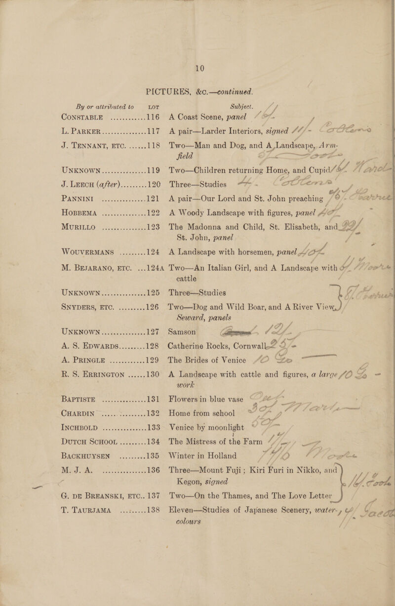   PICTURES, &amp;¢.—continued. | By or attributed to LOT Subject. / CONSTABLE © ako 116 A Coast Scene, panel “ 7 y, dy WARK ERA, osu, seen aites 117 A pair—Larder Interiors, signed “4/- © Peer J. TENNANT, ETO: ..s 118 Two—Man and Dog, and A Landscape, Arn m- field bce PZ : UNENOWN. 4) 0: Sep eee 119 Two—Children returning ome oa cupia/6Z (A ait J. Leece (after).......&lt;: 120 Three—Studies “*- ‘aU Cervr2 ie Gf f * 7 PANNING 2 j3.c00tuy, 121 &lt;A pair—Our Lord and St. John preaching /° ae) EOBBEMA: au dchiteseate 122 A Woody Landscape with figures, panel @ _ : WEG RIGOO sie 123 The Madonna and Child, St. Elisabeth, and_- St. John, panel | = WOUVERMANS ......... 124 &lt;A Landscape with horsemen, panel.“ o= ate M. BEJARANO, ETC 1244 Two—An Italian Girl, and A Landscape with &amp; ic A}, . cattle . UNIRNON Mit... lane 125 Three—Studies Lv ; DNVDERSUETO, sf .scue 126 ‘Two—Dog and Wild Boar, and A River Vi se) Seward, panels | UNKNOWN 53 oe 127 Samson ‘ca A of A. S. EDWARDS......... 128 Catherine Rocks, Cornwall QD - A PRINGUM 00. 000h.0ek 129 The Brides of Venice CO Go 7 R. S. ERRINGTON ...... 130 A Landscape with cattle and figures, a large ZO &amp; “= work BAPVISTR 0.) fusocceo 131 Flowersin blue vase “#67 —__ CHARDIN 0 sac. seeks 132 Home from school dey oe te = PNOHRBOLD! 2. .05Tiee 133. Venice by moonlight . : H ; ? a | DuTCH SCHOOL ......... 134 The Mistress of the Farm “SSA? — BAGUIO SENG 22.2. snes 135 Winter in Holland hy ff ome | C1 ie SSE, a eater 136 Three—Mount Fuji; Kiri Furi in Nikko, and. oe : a If 2 Dl ote G. DE BREANSKI, ETC.. 137 TT AUROAREA Sk Oe 138 Kegon, szgned Two—On the Thames, and The Love Letter EKleven—Studies of Japanese Scenery, water- y Y On @ AF colours