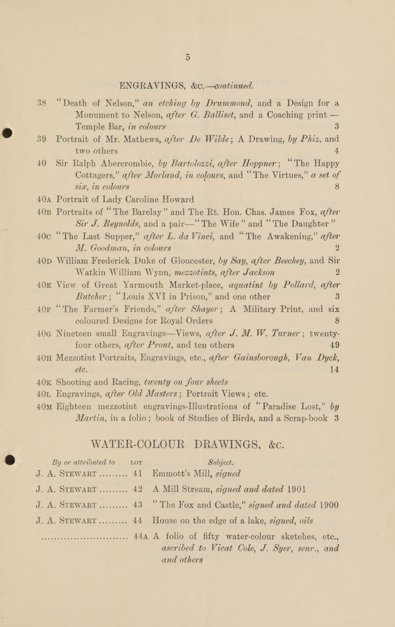 ort ENGRAVINGS, &amp;¢.—vontinued. 38 “Death of Nelson,” an etching by Drummond, and a Design for a Monument to Nelson, after G. Balliset, and a Coaching print — Temple Bar, in colowrs 3 39 Portrait of Mr. Mathews, ajter De Wilde; A Drawing, by Phiz, and two others 4 40 Sir Ralph Abercrombie, by Bartolozzi, after Hoppner; “The Happy Cottagers,” after Morland, in colours, and “The Virtues,” a set of six, in colours 8 404 Portrait of Lady Caroline Howard 40B Portraits of “The Barclay” and The Rt. Hon. Chas. James Fox, after Sir J. Reynolds, and a pair—‘‘The Wife” and “The Daughter ” 400 “The Last Supper,” after L. da Vinci, and “The Awakening,” after M. Goodman, in colours 2 40D William Frederick Duke of Gloucester, by Say, after Beechey, and Sir Watkin William Wynn, mezzotints, after Jackson 2 40g View of Great Yarmouth Market-place, aquatint by Pollard, after Butcher ; “Uouis XVI in Prison,” and one other 3 40F “The Farmer’s Friends,” after Shayer; A Military Print, and six coloured Designs for Royal Orders 8 40G Nineteen small Engravings—Views, after J. M. W. Turner: twenty- four others, after Prout, and ten others 49 40H Mezzotint Portraits, Engravings, etc., after Gainsborough, Van Dyck, etc. 14 40K Shooting and Racing, twenty on four sheets 40L Engravings, after Old Masters; Portrait Views ; ete. 40M Highteen mezzotint engravings-Illustrations of “Paradise Lost,” by Martin, in a folio; book of Studies of Birds, and a Scrap-book 3 WATER-COLOUR DRAWINGS, &amp;c. By or attributed to LOT Subject. ARE WARE eae 41 Emmott’s Mill, signed J: STEWART o5ect a. 42 &lt;A Mill Stream, szgned and dated 1901 A Sree es... de 43 “The Fox and Castle,” signed and dated 1900 Dy A SUEW ART dc 44 House on the edge of a lake, signed, ovls Pe ah share Seales See ee 444 A folio of fifty water-colour sketches, etc., ascribed to Vicat Cole, J. Syer, senr., and and others |