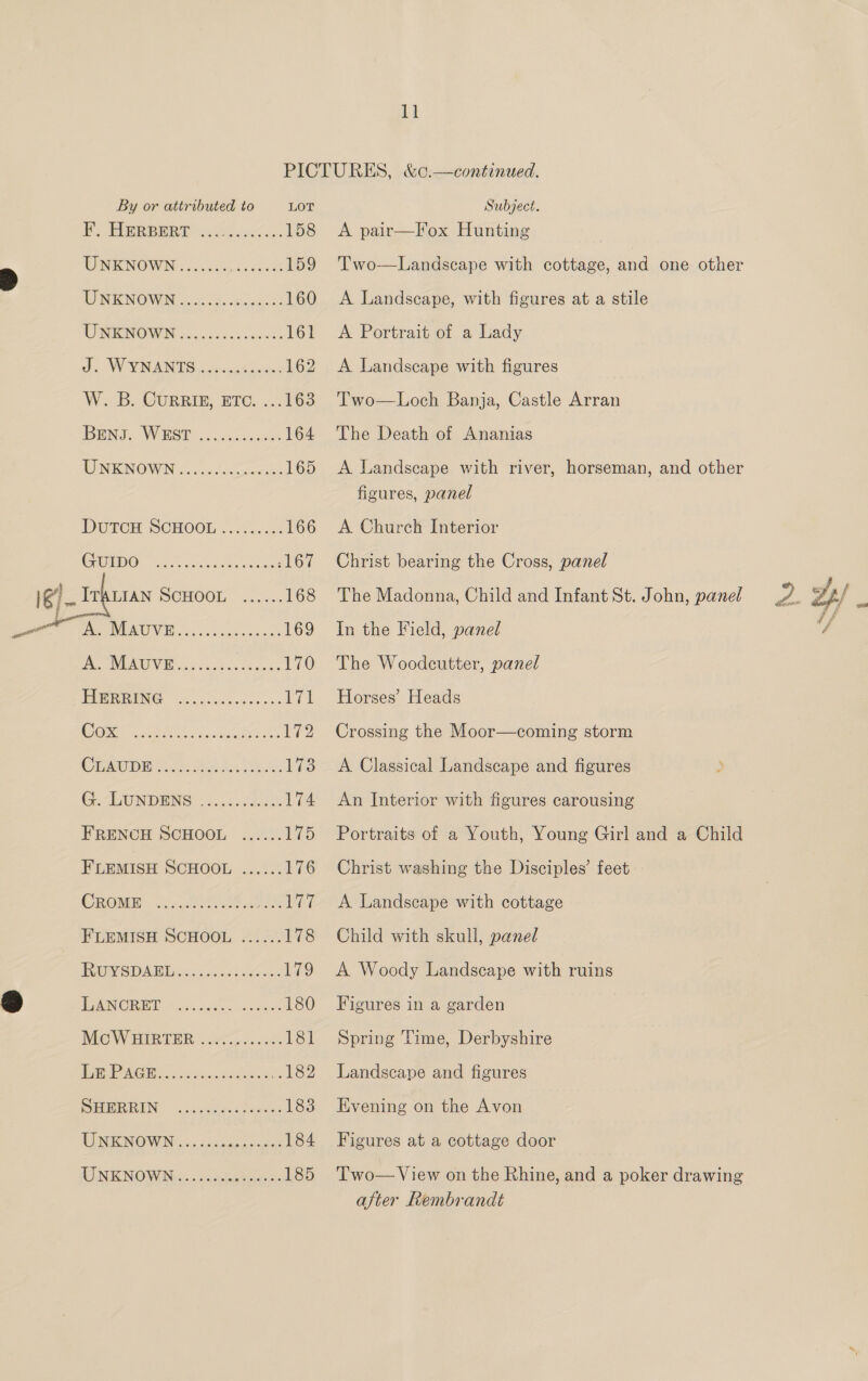 1G). j By or attributed to F. HERBERT eens ee eee seos UNKNOWN....... Rie ee W. 6. GURRIE; ETC. ... BENJ. WEST eee eee eee eer LINN OWIN 6 Sos den ncn eeeeeesee eee ereeecee eee eee oes ITALIAN SCHOOL coerce eoessesece eoreeer ses eesreegnesores eee recor eereoeececes ~ ee eee eres ces eeeceee eeeees eee sere sreeonsesanrcee eoeees LANCRET eee eeee~ 2 ee eee MGW HARTUR: .3-2&lt;282. PAGE os ec ntdntes cs SHPRRIN ~.dvccescleeces WIENICNOWIN «5.3350 cas HCEREECNIONMINGS oa tomerie: 11 LOT Subject. A pair—Fox Hunting Two—Landscape with cottage, and one other A Landscape, with figures at a stile A Portrait of a Lady A Landscape with figures Two—Loch Banja, Castle Arran The Death of Ananias A Landscape with river, horseman, and other figures, panel A Church Interior Christ bearing the Cross, panel The Madonna, Child and Infant St. John, panel In the Field, panel The Woodcutter, panel Horses’ Heads Crossing the Moor—coming storm A Classical Landscape and figures » An Interior with figures carousing Portraits of a Youth, Young Girl and a Child Christ washing the Disciples’ feet A Landscape with cottage Child with skull, panel A Woody Landscape with ruins Figures in a garden Spring Time, Derbyshire Landscape and figures Evening on the Avon Figures at a cottage door Two— View on the Rhine, and a poker drawing after Rembrandt