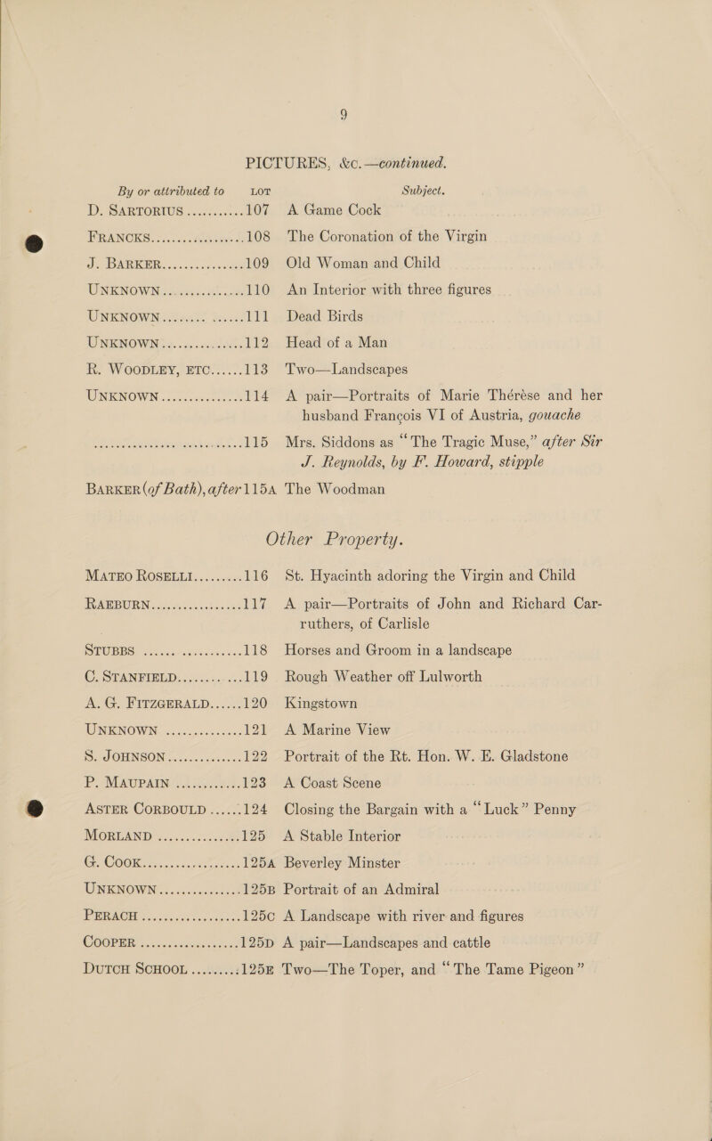 DU SARTORIUS a .0cca0 «0: 107 PRANCKS.2 5. cel. eines A: 108 gf. WOR ICDRG sacs nee 109 UNKNOWN: tins. oh de 110 UNENOWD &lt;Sants hecsi 111 UNENOWN? «. . 102d. 112 i. WOODERY,-ETO..s... 1138 IOINKINOWN 1c coc sciesce 114 A eee ne eae 115 A Game Cock The Coronation of the Virgin Old Woman and Child An Interior with three figures Dead Birds Head of a Man Two—Landscapes A pair—Portraits of Marie Thérese and her husband Francois VI of Austria, gouache Mrs. Siddons as “The Tragic Muse,” after Str J. Reynolds, by F. Howard, stipple MATEO ROSELLE: 66... 116 St. Hyacinth adoring the Virgin and Child IVAN BURN Aloe ahes 83 117 &lt;A pair—Portraits of John and Richard Car- | ruthers, of Carlisle ho 1ROU3 6S ae 118 Horses and Groom in a landscape CAS UANEIRED 20%. 4.7, 119 Rough Weather off Lulworth A. G. FITZGERALD...... 120 Kingstown WMGNOWNG 2). ccc gen cceces 121 A Marine View Date OH NSON oo don veer 122 Portrait of the Rt. Hon. W. KE. Gladstone P. MAGPAIN 4 SGf 853. 123 A Coast Scene ASTER CORBOULD ..... .124 Closing the Bargain with a “ Luck” Penny WIGRE AND 315)... occas 125 A Stable Interior CG Coc 7... cpio 125A Beverley Minster WU NERNOWINGho.5.denctor as 1258 Portrait of an Admiral fais) (O12 ae ee ee 125c A Landscape with river and figures CUOPHRG. ianenen. Fs: 125p A pair—Landscapes and cattle