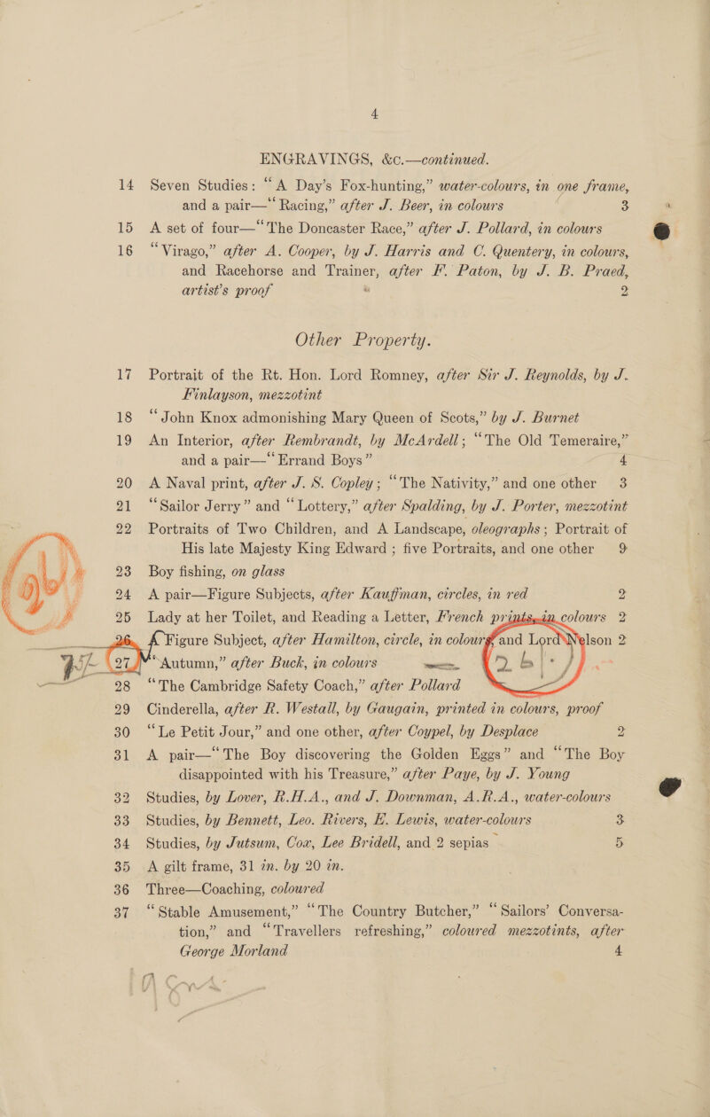 14 Seven Studies: vA Day's Fox-hunting,” water-colours, in one frame, and a pair— Racing,” after J. Beer, in colours ( 3 15 A set of four—” The Doncaster Race,” after J. Pollard, in colours 16 “Virago,” after A. Cooper, by J. Harris and C. Quentery, in colours, and Racehorse and Trainer, after I’. Paton, by J. B. Praed, artist’s proof &amp; 2 Other Property. 17 Portrait of the Rt. Hon. Lord Romney, after Sir SJ. Reynolds, by J. Finlayson, mezzotint 18 “John Knox admonishing Mary Queen of Scots,” by J. Burnet 19 An Interior, after Rembrandt, by McArdell; “The Old Temeraire,” and a pair—- Errand Boys” | 4 20 &lt;A Naval print, after J. S. Copley; “The Nativity,” and one other 3 21 “Sailor Jerry” and “ Lottery,” after Spalding, by J. Porter, mezzotint 22 Portraits of Two Children, and A Landscape, oleographs ; Portrait of His late Majesty King Edward ; five Portraits, and one other 9% 23 Boy fishing, on glass 24 &lt;A pair—Figure Subjects, after Kauffman, circles, in red 25 oe at her Toilet, and Reading a lage ae ”.   if 2g mi ie year Buck, in ie ae —— 98 “The Cambr idge Safety Coach,” after Pollard 29 Cinderella, after R. Westall, by Gaugain, printed in Solis proof 30 “Le Petit Jour,” and one other, after Coypel, by Desplace &gt;: 31 &lt;A pair—The Boy discovering the Golden Eggs” and “The Boy disappointed with his Treasure,” after Paye, by J. Young 32 Studies, by Lover, R.H.A., and J. Downman, A.R.A., water-colours 33 Studies, by Bennett, Leo. Rivers, HK. Lewis, water-colours 3 34 Studies, by Jutsum, Cox, Lee Bridell, and 2 sepias ; 5 35 A gilt frame, 31 am. by 20 an. 36 Three—Coaching, coloured 37 “Stable Amusement,” “The Country Butcher,” “ Sailors’ Conversa- tion,” and “Travellers refreshing,” coloured mezzotints, after