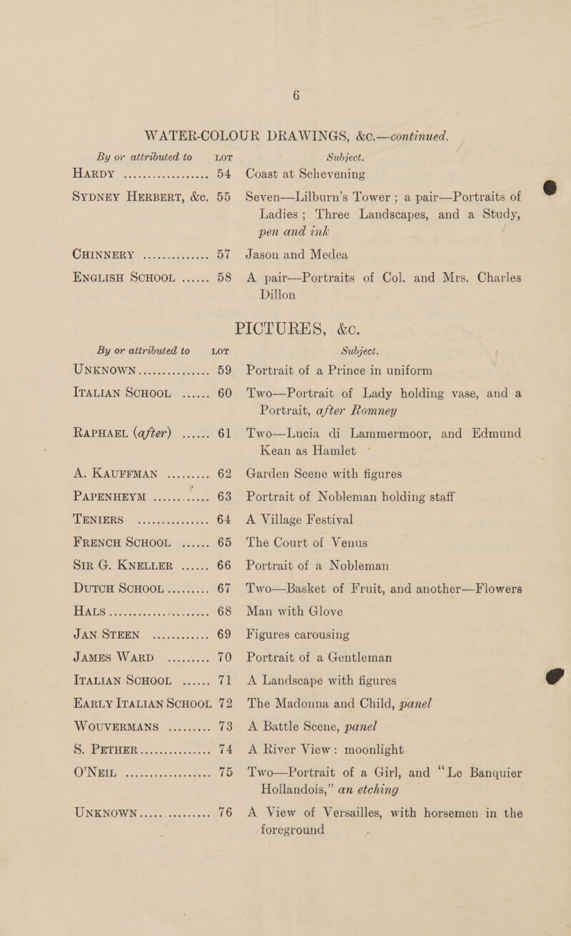 By or attributed to HARDY eeereervnee sec e eee ee SYDNEY HERBERT, &amp;c. 55 een ae ae 57 ere 58 CHINNERY ENGLISH SCHOOL By or attributed to LOT UNKNOWN ....00..000000. 59 ITALIAN SCHOOL ...... 60 RAPHAEL (after) ...... 61 A. KAUFFMAN ......... 62 PAPENHEYM .....&lt;...0. 63 ADRNUORG 5.2) cadwaemenns 64 FRENCH SCHOOL ...... 65 Sin G. KNELLER ...... 66 DUTCH SCHOOL J30.0... 67 | ELI B Chas aaa ean Mie 68 JAN STEEN ...i...0000 69 JAMES WARD ......... 70 ITALIAN SCHOOL ...... bal EARLY ITALIAN SCHOOL 72 WOUVERMANS ......... 13 Ne) 2) DURE BS pee nei a 74 OOUINGIIIE Sapie nce cesar 75 WEN KNOWN ens Sb. ooo. 76 Subject. Seven—Lilburn’s Tower ; a pair—Portraits of Ladies; Three Landscapes, and a Study, wen and ink Jason and Medea A pair-—Portraits of Col. and Mrs. Charles Dillon Subject. Portrait of a Prince in uniform Two—Portrait of Lady holding vase, and a Portrait, after Romney Two—Lucia di Lammermoor, and Edmund Kean as Hamlet Garden Scene with figures Portrait of Nobleman holding staff A Village Festival The Court of Venus Portrait of a Nobleman Two—Basket of Fruit, and another—F lowers Man with Glove Figures carousing Portrait of a Gentleman A Landscape with figures The Madonna and Child, panel A Battle Scene, panel Two—Portrait of a Girl, and “Le Banquier Hollandois,” an etching A View of Versailles, with horsemen in the foreground