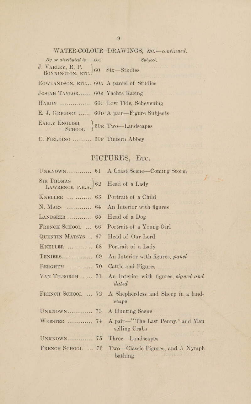 WATER-COLOUR DRAWINGS, &amp;c.—continied. By or attributed to Lor Subject. Je Vaniny, RRs. elie She cia ‘60: Six——Studies Bonnineron, Ero.) ° i ROWLANDSON, ETC... 604 A parcel of Studies JOSIAH TAYLOR...... 60B Yachts Racing POA DY © ow cas Gare 60c Low Tide, Schevening E. J. GREGORY ...... 60D A pair—-Figure Subjects OE Two—Landscapes EARLY ENGLISH \ F SCHOOL 6 ©. FipepiINne ..) srs OF Tintern Abbey PICTURES, - Erc. UNKNOWN: 2chuaccs 61 &lt;A Coast Scene—Coming Storm SiR THOMAS \eo He. LAWRENCE, P.R.A.S Om Head of a Lady FON BRY caoo aca eme 63 Portrait of a Child ING NPA? ges hose ots: 64 An Interior with figures DLANDSEBR oe ciacse 65 Head of a Dog FRENCH SCHOOL ... 66 Portrait of a Young Gil QUENTIN Matsys... 67 Head of Our Lord FRNELEER vec. ecco v 68 Portrait of a Lady WRN ER Seen ns aa des 69 An Interior with figures, panel BERGHEM 42.04 cc: 70 Cattle and Figures VAN TILBORGH ...... 71 An Interior with figures, signed and dated FRENCH SCHOOL ... 72 A Shepherdess and Sheep in a land- scape UNENOWN | 040.0005 73 &lt;A Hunting Scene WERORER: eee ces bak 74 &lt;A pair—“The Last Penny,” and Man selling Crabs UNENOWN..sadee.aues 75 'Three—Landscapes FRENCH SCHOOL ... 76 Two—Classic Figures, and A Nymph bathing