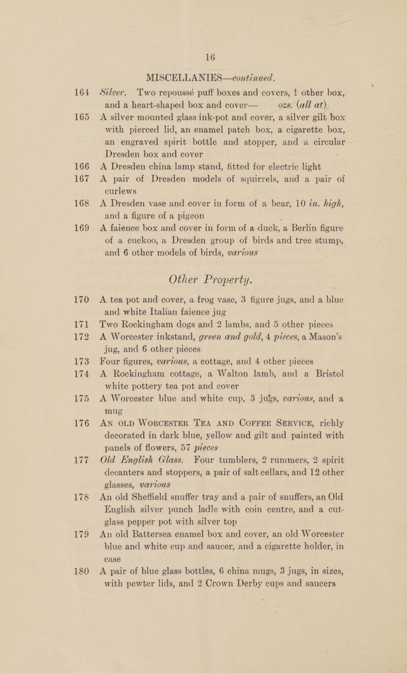 164 165 166 167 168 169 170 als 172 173 174 175 176 177 178 179 180 16 MISCELLANIES—continued. Silver. Two repoussé puff boxes and covers, 1 other box, and a heart-shaped box and cover— ozs. (all at). A silver mounted glass ink-pot and cover, a silver gilt box with pierced lid, an enamel patch box, a cigarette box, an engraved spirit bottle and papas and a circular Dresden box and cover A Dresden china lamp stand, fitted for electric light A pair of Dresden models of squirrels, and a pair of curlews A Dresden vase and cover in form of a bear, 10 in. high, and a figure of a pigeon $ A faience box and cover in form of a duck, a Berlin figure of a cuckoo, a Dresden group of birds and tree stump, and 6 other models of birds, varvous Other Property. A tea pot and cover, a frog vase, 3 figure jugs, and a blue and white Italian faience jug Two Rockingham dogs and 2 lambs, and 5 other pieces A Worcester inkstand, green and gold, 4 pieces, a Mason’s jug, and 6 other pieces Four figures, varzous, a cottage, and 4 other pieces A Rockingham cottage, a Walton lamb, and a Bristol white pottery tea pot and cover A Worcester blue and white cup, 3 jugs, various, and a mug AN OLD WORCESTER TEA AND COFFEE SERVICE, richly - decorated in dark blue, yellow and gilt and painted with panels of flowers, 57 pzeces Old English Glass. Four tumblers, 2 rummers, 2 spirit decanters and stoppers, a pair of salt cellars, and 12 other glasses, various An old Sheffield snuffer tray and a pair of snuffers, an Old English silver punch ladle with coin centre, and a cut- glass pepper pot with silver top An old Battersea enamel box and cover, an old Worcester blue and white cup and saucer, and a cigarette holder, in case 3 | A pair of blue glass bottles, 6 china mugs, 3 jugs, in sizes,