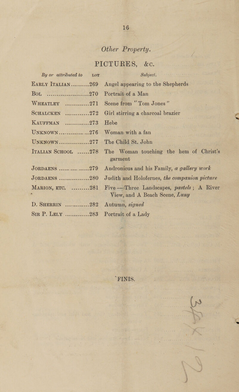 Other Property. By or attributed to EARLY ITALIAN DOL. Coser aatk 270 WHUATERR ic ee 271 SCHALCKEN ) Wks. asexes 272 IAVUPIMAN | jis..dcse 273 UNKNOWN .is4c4 inde 276 UNEQIGIWN 2 o.cis seduces 277 ITALIAN SCHOOL ...... 278 JORDABNG cies cxsacno en 279 JOBDAENS ....nanactee sive 280 MARION, BUG, “cov saeans 281 DD. SHERRIN - ackecaans 282 SiR P -DELY shi 283 Subject. Angel appearing to the Shepherds Portrait of a Man Scene from “Tom Jones” Girl stirring a charcoal brazier Hebe Woman with a fan The Child St. John The Woman touching the hem of Christ's garment Andronicus and his Family, a gallery work Judith and Holofernes, the companion picture Five —~Three Landscapes, pastels; A River View, and A Beach Scene, Luny Autumn, signed Portrait of a Lady “FINIS.