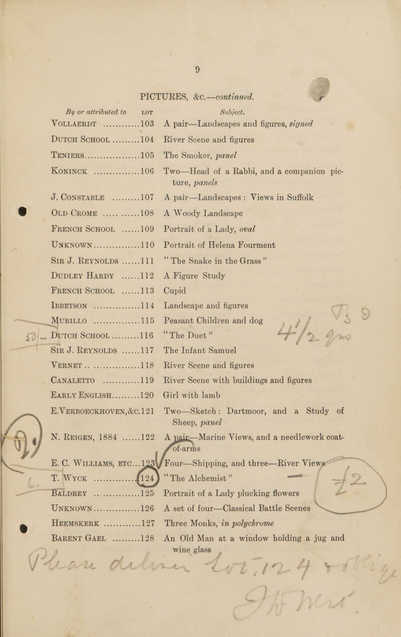 o PICTURES, &amp;c.—continued. up  By or attributed to LOT Subject. VOLLAPRDE +.86000%0 103 A pair—Landscapes and figures, signed DUTCH SCHOOL ...060..%: 104 River Scene and figures 020 3) a rr 105 The Smoker, panel ISONENOK «2. cssnceecdvac 106 Two—Head of a Rabbi, and a companion pic- ture, panels J CONGPRELE: auiwos.00: 107 A pair—Landscapes: Views in Suffolk e@ OLD CROME ..... Mee 108 A Woody Landscape FRENCH SCHOOL ...... 109 Portrait of a Lady, oval MK NOWN «6... cigsde oe 110 Portrait of Helena Fourment Sir J. REYNOLDS ...... 111 “The Snake in the Grass ” DUptLey HARDY © .....2. 112. A Figure Study FRENCH SCHOOL ...... 113 Cupid TBBETSON Aw... Ree 114 Landscape and figures ph ~~. MURILLO = Ak Seem gy 115 Peasant Children and dog a, ; / ae. . 6D|- DutcH ScHOOL......... 116 “The Duet” —f- 1 Gra Sr J. REYNOLDS ...... 117 The Infant Samuel ED 5 ae oe wa ce 118 River Scene and figures Be 0020 10 6 ee ar 119 River Scene with buildings and figures HARLY ENGLISH......... 120 Girl with lamb E. VERBOECKHOVEN,&amp;¢C.121 Two—Sketch: Dartmoor, and a Study of Sheep, panel N. REIGEN, 1884 ...... 122 A pair—Marine Views, and a needlework coat-    Lf of-arms | _ EC. Wittiams, erc...123\f Four—Shipping, and three—River Views’ wee. = Pi eok «&lt;0 as “The Alchemist ” —_—_ i + 2. p ‘ya oe PML RIS eh as sacs 125 Portrait of a Lady plucking flowers ee + ) UNINOW Miu... doc.cetee 126 A set of four—Classical Battle Scenes egies HIPEMSKERR oc ..h0.30: .127 Three Monks, in polychrome ' BARENT GAEL ......... 128 An Old Man at a window holding a jug and ys wine glass ; te Kin G : LAASRWAAN * 7 ad | | a Lh YZ 