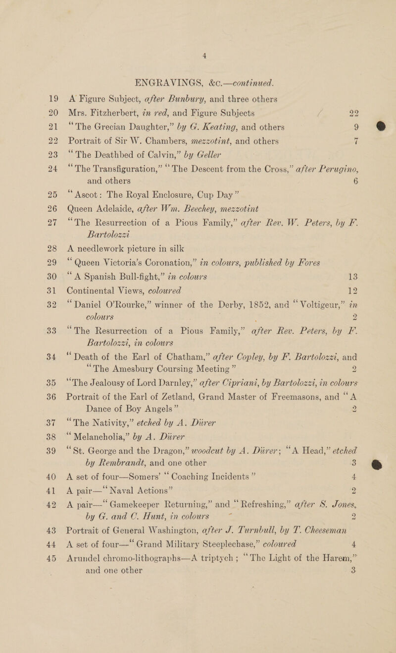 32 ENGRAVINGS, &amp;c.—continued. A Figure Subject, after Bunbury, and three others “The Deathbed of Calvin,” by Geller ‘The Transfiguration,” ‘The Descent from the Cross,” after Perugino, and others 6 “Ascot: The Royal Enclosure, Cup Day ” Queen Adelaide, after Wm. Beechey, mezzotint “The Resurrection of a Pious Family,” after Rev. W. Peters, by F. Bartolozai A needlework picture in silk i 66 ° ° e e ° Queen Victoria’s Coronation,” 272 colours, published by Fores “A Spanish Bull-fight,” 72 colours | 13 Continental Views, coloured 2 “Daniel O’Rourke,” winner of the Derby, 1852, and “ Voltigeur,” 7n colours 2 “The Resurrection of a Pious Family,” after Rev. Peters, by F. Bartolozzi, in colowrs Death of the Earl of Chatham,” after Copley, by F. Bartolozzi, and “The Amesbury Coursing Meeting ” “The Jealousy of Lord Darnley,” after Cipriani, by Bartoloza, in colours Portrait of the Earl of Zetland, Grand Master of Freemasons, and “A Dance of Boy Angels” 2 “The Nativity,” etched by A. Diirer Melancholia,” by A. Diirer ‘St. George and the Dragon,” woodcut by A. Diirer; “A Head,” etched by Rembrandt, and one other 3 A set of four—Somers’ “ Coaching Incidents ” 4 A pair—‘‘ Naval Actions” 2 A pair—‘‘ Gamekeeper Returning,” and Refreshing,” after S. Jones, by G. and C. Hunt, in colours . 2 Portrait of General Washington, after J. Turnbull, by T. Cheeseman A set of four— Grand Military Steeplechase,” coloured 4 Arundel chromo-lithographs—A triptych ; “The Light of the Harem,” and one other oe