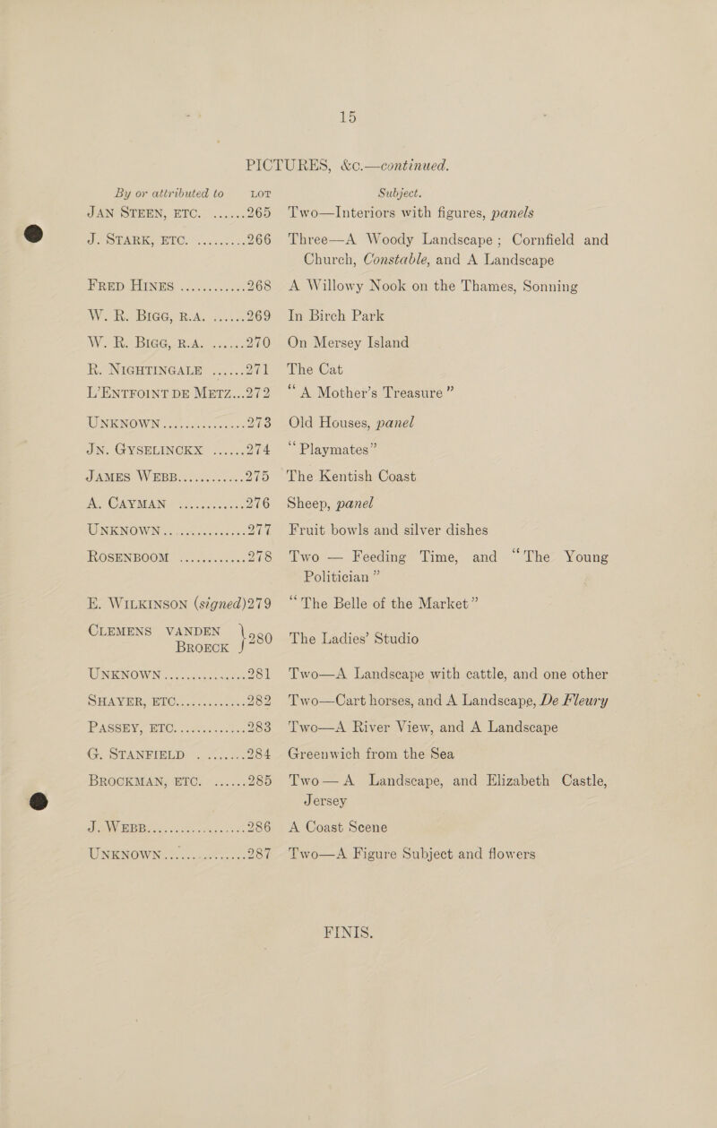 By or attributed to LOT JAN STEEN, ETO.) +... 265 PFO Ree BTC. Sh onc uke 266 PRED CHINES cist. des 268 IW Re BIGG, ReAS &lt;...0 209 Wiad IGG Rhee os Rk. NIGHTINGALE ...... 271 LU NEONOWIN, 85 iis foc anes ilk JIN. GYSELINCKX ..50 274 JAMES WEBB..escec50s. Pas A ONY MAN 2 hee 276 WONIENOW IN diaaecacsen: 27% INOSENBOOM? &lt;0 tau exe 278 E. WILKINSON (signed)279 CLEMENS VANDEN }280 BROECK WINENOWN. ©. cute ctx oO SHAVER WEO. jeoncs teks 282 PASSE Bia wey ooee 283 SUDAN NEEL DD: taut. te 284 BROCKMAN A BIG, cu...) 285 ee BB tds cnc ata, 286 LNRM OWNS. se 287 Subject. Two—Interiors with figures, panels Three—A Woody Landscape; Cornfield and Church, Constable, and A Landscape  A Willowy Nook on the Thames, Sonning In Birch Park On Mersey Island The Cat “A Mother’s Treasure ” Old Houses, panel “Playmates” The Kentish Coast Sheep, panel Fruit bowls and silver dishes Two — Feeding Time, and “The Young Politician ” “The Belle of the Market” The Ladies’ Studio Two—A Landscape with cattle, and one other Two—Cart horses, and A Landscape, De Fleury | Two—A River View, and A Landscape Greenwich from the Sea Two—A Landscape, and Elizabeth Castle, Jersey A Coast Scene Two—A Figure Subject and flowers FINIS.