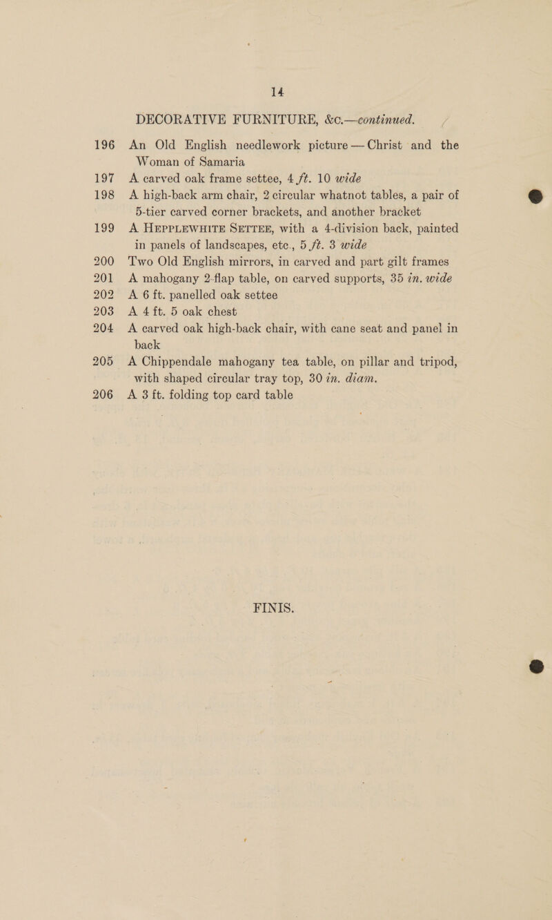 196 197 198 199 200 201 202 203 204 205 206 14 DECORATIVE FURNITURE, &amp;c.—continued. An Old English needlework picture —Christ and the Woman of Samaria A carved oak frame settee, 4 /¢. 10 wide A high-back arm chair, 2 circular whatnot tables, a pair of 5-tier carved corner brackets, and another bracket A HEPPLEWHITE SETTER, with a 4-division back, painted in panels of landscapes, ete., 5 ft. 3 wide Two Old English mirrors, in carved and part gilt frames A mahogany 2-flap table, on carved supports, 35 in. wide A 6 ft. panelled oak settee A 4 ft. 5 oak chest A carved oak high-back chair, with cane seat and panel in back A Chippendale mahogany tea table, on pillar and tripod, with shaped circular tray top, 30 7n. diam. A 3 ft. folding top card table FINIS.