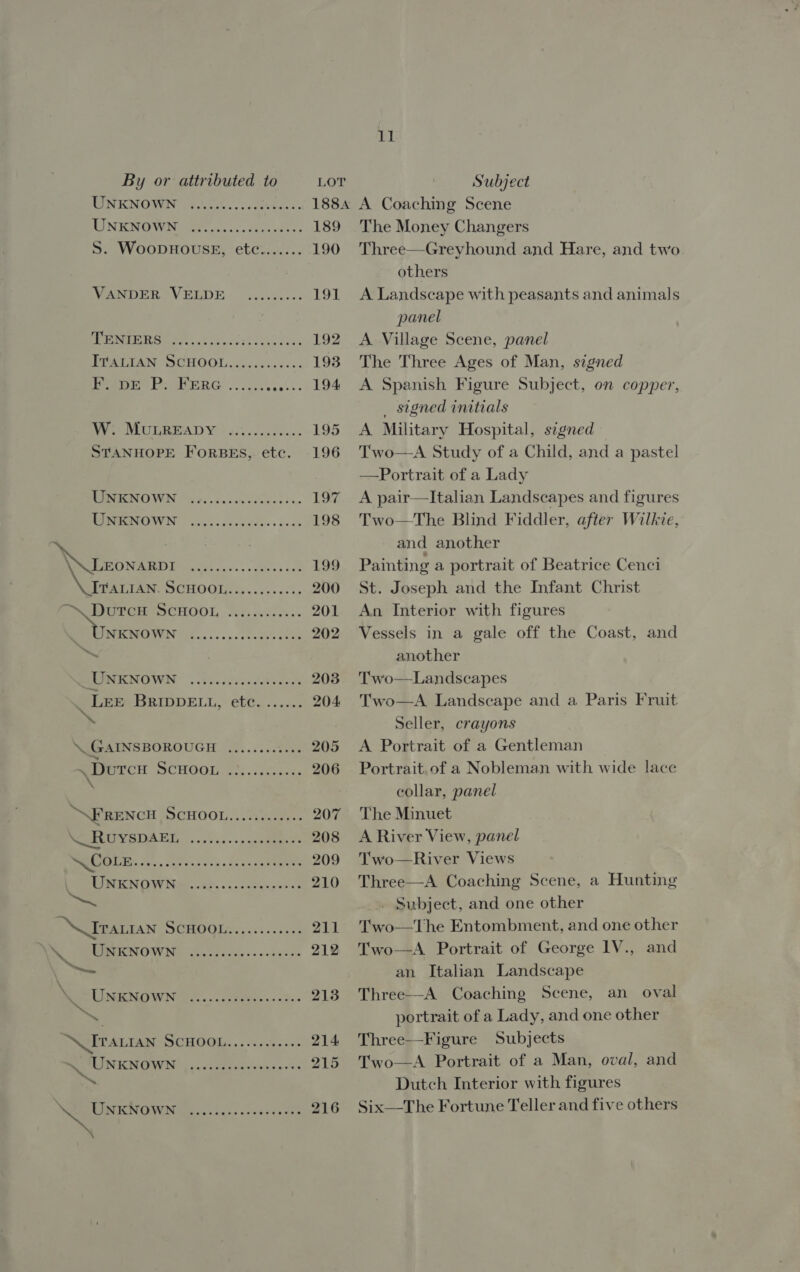 By or attributed to LOT Subject MEN ECMIOWIN, Scho. © otee tance 1884 A Coaching Scene WINEROWN hiv... cedeosades« 189 The Money Changers S. WoopHOUSE, etc....... 190 Three—Greyhound and Hare, and two others VANDER VELDE ......... 191 A Landscape with peasants and animals panel PRISER SERS. S Sa cgct Svan soe 192 A Village Scene, panel PUATIAN SCHOOL ee cs ciees 193 The Three Ages of Man, signed Pea DeWERG 2... 30% .... 194 A Spanish Figure Subject, on copper, _ signed initials We MGRIOAD ¥ ois conrec.. 195 A Military Hospital, signed STANHOPE ForBEs, etc. 196 Two—A Study of a Child, and a pastel —Portrait of a Lady RANAONOWN 967. .c0evecdae cede 197 A pair—lItalian Landscapes and figures BIRO OWIN, iai2 525 vees ved 198 Two—The Blind Fiddler, after Wilkie, 7 and another awe ee atcivs = &lt; GHeaS da8 199 Painting a portrait of Beatrice Cenci PQAT IAN. SCHOOL. ves. c0+ sss 200 St. Joseph and the Infant Christ Pe EPOM CHOOL, ois essa es 201 An Interior with figures eae RR cpr: 202 Vessels in a gale off the Coast, and se another ROR NOWN 2 inc dgvendetennsls 203 Two—Landscapes _ LEE BrrppeEtt, ete. ...... 204 Two—A Landscape and a Paris Fruit bs Seller, crayons \ GAINSBOROUGH ............ 205 A Portrait of a Gentleman RDercn SCHOOL .2......0-- 206 Portrait.of a Nobleman with wide lace 2 collar, panel FRENCH SCHOOL........005 207 The Minuet MeO ODA EL, 2.05... .csnnenes 208 &lt;A River View, panel &gt; 9 CAE ee ce 209 Two—River Views RPSTION O99 Niche.» &lt;2 ti eea sense 210 Three—A Coaching Scene, a Hunting . Subject, and one other N\drantan SHO OLf vers cance 211 Two—The Entombment, and one other ee BPR NOWN: Shetscccc&lt; +s sdciss 212 Two—A Portrait of George 1V., and — an Italian Landscape LINEN GWU deen ck ee ena on dee 213 Three—A Coaching Scene, an oval =. portrait of a Lady, and one other ITALIAN SOMO... ous eos 214 Three—Figure Subjects MEI NIGNOWN p50 ett earsyes.'0e 215 Two—A Portrait of a Man, oval, and &gt; Dutch Interior with figures 216 Six—The Fortune Teller and five others ee ey aa \