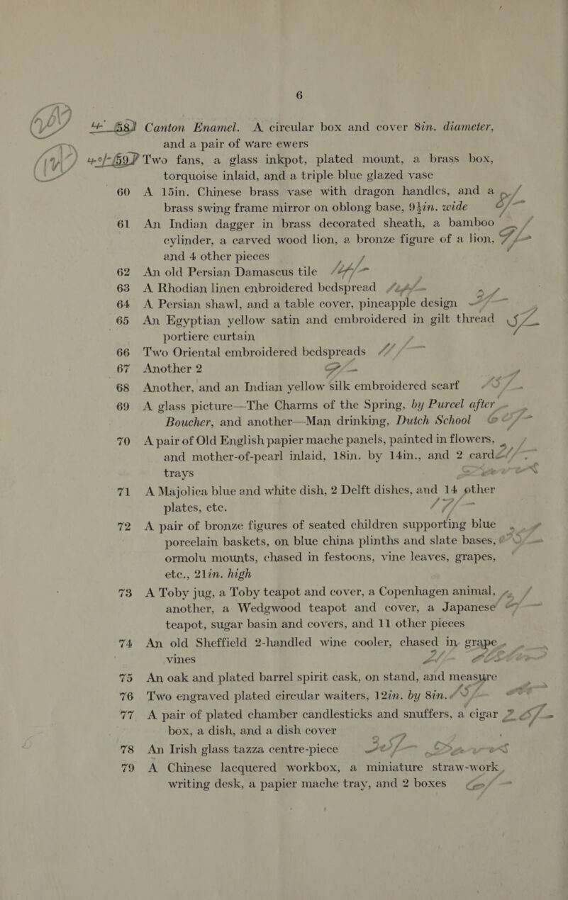 and a pair of ware ewers torquoise inlaid, and a triple blue glazed vase 60 A 15in. Chinese brass vase with dragon handles, and a ./ brass swing frame mirror on oblong base, 947n. wide 7. 61 An Indian dagger in brass decorated sheath, a bamboo cylinder, a carved wood lion, a bronze figure of a lion, GL and 4 other pieces 62 An old Persian Damascus tile /ap/- | 63 A Rhodian linen enbroidered bedspread /#24-— ie 64 A Persian shawl, and a table cover, pineapple design 7 65 An Egyptian yellow satin and embroidered in gilt thread 5 he portiere curtain 66 Two Oriental embroidered bedspreads 4/ . 67 Another 2 de 2 : 68 Another, and an Indian yellow silk embroidered scarf. as igi? 69 A glass picture—The Charms of the Spring, by Purcel after. Boucher, and another—Man drinking, Dutch School G« (iat 70 A pair of Old English papier mache panels, painted in flowers, and mother-of-pearl inlaid, 18in. by 14in., and 2 carde/ trays ee ON 71 A Majolica blue and white dish, 2 Delft dishes, and 14 iste plates, ete. / ff — 72 A pair of bronze figures of seated children supporting biue porcelain baskets, on blue china plinths and slate bases, © ~ ormolu mounts, chased in festoons, vine leaves, grapes, etc., 2lin. high 73 A Toby jug, a Toby teapot and cover, a Copenhagen animal, , another, a Wedgwood teapot and cover, a Japanese © teapot, sugar basin and covers, and 11 other pieces 74 An old Sheffield 2-handled wine cooler, oheers in, grape . vines a LLC EC 75 An oak and plated barrel spirit cask, on stand, and measure af | 76 Two engraved plated circular waiters, 12in. by 8in.¢ © Or’ 77 A pair of plated chamber candlesticks and snuffers, a cigar p2 Jf - box, a dish, and a dish cover 4 78 An Irish glass tazza centre-piece Sef Dares 79 A Chinese lacquered workbox, a miniature straw-work , writing desk, a papier mache tray, and 2 boxes ¢5/ —