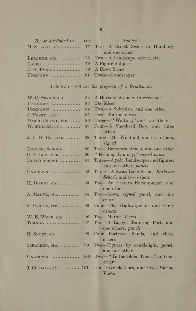 M. STRAUSS, €te......05 2.6/5 77 Two—A Street Scene in Hamburg, and one other BERGHEM, etc. ........e006 78 Two—A Landscape, cattle, etc. COBBE Sie eis stone cssetcaaeers 79 A Figure Subject SSB MPARNE day ee 80 <A River Scene INE ics setueas eevee 81 Three—Landscapes Lots 82 to 108 are the property of a Gentleman. W. OPSTANFIELD: URES. 82 A Harbour Scene with wreckage UNENOWN 101%... LEAT E 83 The Miser UNKNOWN). Cos ...62 SSR 84 Two—A Skirmish, and one other J. RPL ELE! YS. SPRUE, 85 Two—Marine Views Marcus STONE, ete. ...... 86 Three—‘‘ Waiting,” and two others W SMULLER eC. ....5.0m 87 Four—A Shepherd Boy, and three others OCW. GOpeBAR.. cates 88 Three—The Windmill, and two others, signed ENGLISH SCHOOL ......... 89 Two—Battersea Reach, and one other Gah. Lo wcocKr sy oikt..e 90 ‘‘ Evening Fantasy,” signed panel Durce SeHool s/he 91 Three—A pair, Landscapes and figures, and one other, panels TINKNOWN® 4.0/5.1.) SR 92 Three—A Swiss Lake Scene, Barbizon School, and two others H. (Brsnor, ota, veer 93 Two—An Eastern Encampment, anid one other A. MERU Rete. hase ncn delest 94 'Two—Cows, signed panel, and one other i. CReers, ete! iste 95 Four—The Highwayman, and three © others W. E. WEBB, etc. ......... 96 T’wo—Marine Views TURNER |....2.009.0a eens 97 Two—A Lugger Entering Port, and one others, panels RJSHORT, etc. ae 98 Four—Portcawl Sands, and _ three others SCHALICHN, €bC. <vacmescwnes 99 'Two—Figures by candlelight, panel, and one other UNENOWN 4..:/;0@eeees 100 T'wo—‘‘ In the Olden Times,” and one other J. WOBBAAR, €LC. Xasagn eat 101 Ten—Five sketches, and five—Marine Views