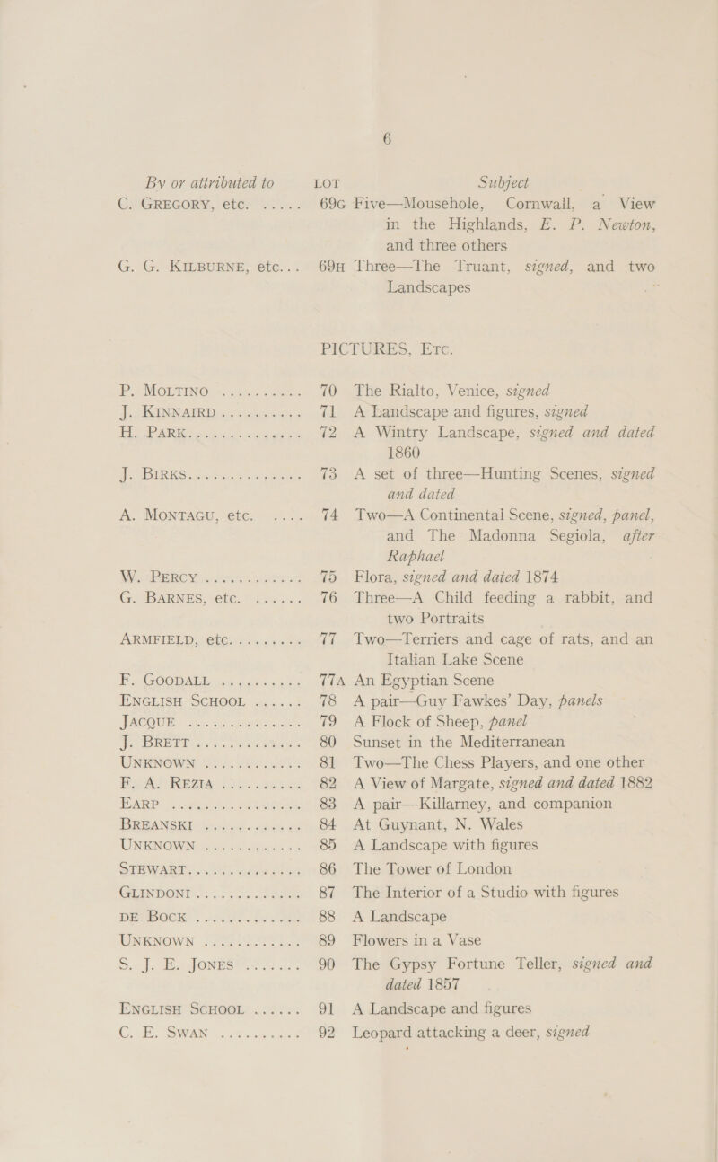 C. GREGORY, etc. G. G. KILBURNE, etc... Cornwall, a View in the Highlands, E. P. Newton, and three others Landscapes P, MoLtTINo di ORNATE Dc bogeys id Tt AR er eos, a ole ee oe © 6 0.6 6, er 8) ee W. PERCY coeeoeoeerer ev ee © © mw) fe) e! fe), 21 ARMPIERD is Ge.) 400+ 04 0 Oe ha F. GOODALL ENGLISH SCHOOL PRDOULY chin sas eee wate (e. pi ee 838 eo Ri el Ete oS 80 TW NENOWN 02. CSS 81 Beek. tats Ok pug 82 Eee y rece tone 83 TAR BANSI Geen nie ey as 84 DSR NOWIE i eels k 85 eter Aen: t57o Ades el 86 [SELIMDONT oc ..: . 453 Rae 87 BH OOr ae. Gla 88 oevown. S08 ee 89 Sund&lt; ee TONER I ELY 7% 90 PONGLion SCHOOE. ove. es 9] Ct, SSWAR cis ak awed 92 The Rialto, Venice, signed A Landscape and figures, signed A Wintry Landscape, signed and dated 1860 A set of three—Hunting Scenes, signed and dated Two—A Continental Scene, signed, panel, and The Madonna Segiola, after Raphael Flora, signed and dated 1874 Three—A Child feeding a rabbit, and two Portraits Two—Terriers and cage of rats, and an Italian Lake Scene An Egyptian Scene A pair—Guy Fawkes’ Day, panels A Flock of Sheep, panel Sunset in the Mediterranean Two—tThe Chess Players, and one other A View of Margate, signed and dated 1882 A pair—Killarney, and companion At Guynant, N. Wales A Landscape with figures The Tower of London The Interior of a Studio with figures A Landscape Flowers in a Vase The Gypsy Fortune Teller, szgned and dated 1857 A Landscape and figures Leopard attacking a deer, szgned