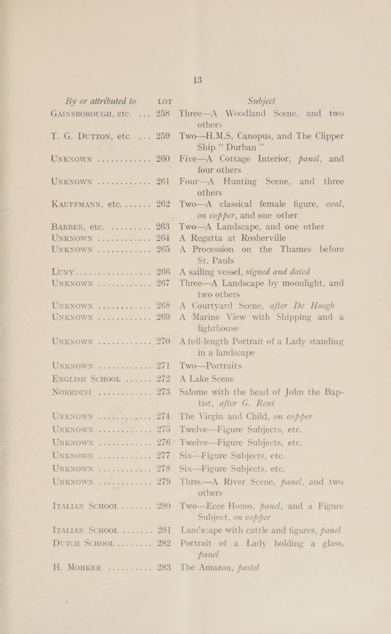 GAINSBOROUGH, etc. T. G. DutTrTon, etc. BARBER, etc. NORRDINI H. MOHKER 13 Three—A Woodland Scene, others Two—H.M.S. Canopus, and The Clipper Ship “ Durban ” Five—A Cottage Interior, panel, and four others Four—A Hunting Scene, others Two—A classical female figure, oval, on copper, and one other Two—A Landscape, and one other A Regatta at Rosherville A Procession on the Thames St. Pauls A sailing vessel, signed and dated Three—A Landscape by moonlight, and two others , A Courtyard Scene, after De Hoogh A Marine View with Shipping and a lighthouse and two and three before A full-length Portrait of a Lady standing in a landscape Two—Portraits A Lake Scene Salome with the head of John the Bap- tist, after G. Rem The Virgin and Child, on copper Twelve—Figure Subjects, etc. Twelve—figure Subjects, etc. Six Figure Subjects, etc. Six Wigure Subjects, etc. Three—A River Scene, panel, and two others Two—Ecce Homo, fanel, and a Figure Subject, on copper Lancscape with cattle and figures, panel Portrait of a Lady holding a glass, panel The Amazon, pastel