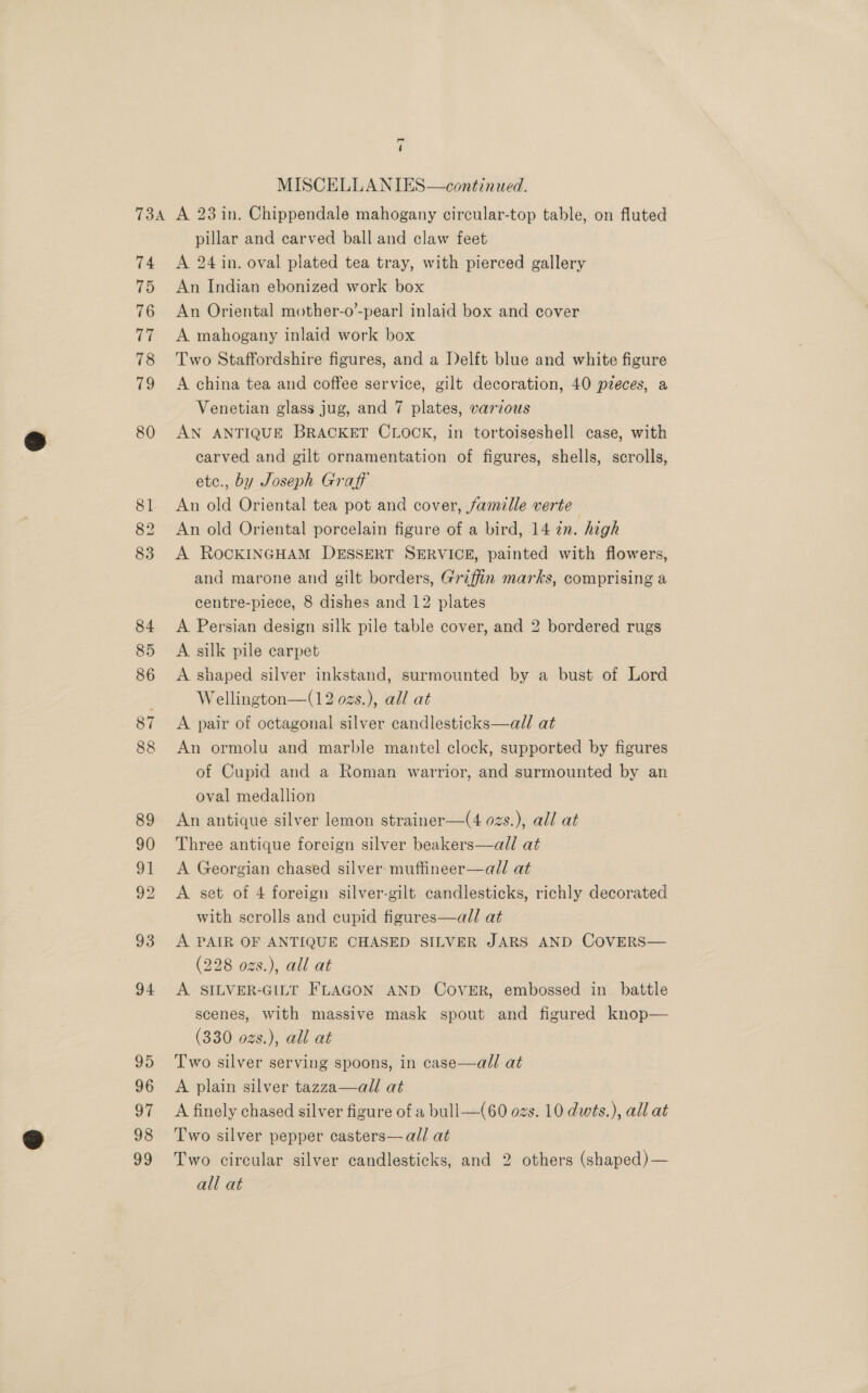 led 4 MISCELLANIES—continued. 74 75 76 77 78 79 80 81 82 83 84 85 86 87 88 89 90 ot 92 93 94 95 96 Vi 98 99 pillar and carved ball and claw feet A 24 in. oval plated tea tray, with pierced gallery An Indian ebonized work box An Oriental mother-o’-pearl inlaid box and cover A mahogany inlaid work box Two Staffordshire figures, and a Delft blue and white figure A china tea and coffee service, gilt decoration, 40 pieces, a Venetian glass jug, and 7 plates, various AN ANTIQUE BRACKET CLOCK, in tortoiseshell case, with carved and gilt ornamentation of figures, shells, scrolls, etc., by Joseph Graft An old Oriental tea pot and cover, famille verte An old Oriental porcelain figure of a bird, 14 in. high A ROCKINGHAM DESSERT SERVICE, painted with flowers, and marone and gilt borders, Griffin marks, comprising a centre-piece, 8 dishes and 12 plates A Persian design silk pile table cover, and 2 bordered rugs A silk pile carpet A shaped silver inkstand, surmounted by a bust of Lord Wellington—(12 ozs.), ad/ at A pair of octagonal silver candlesticks—all at An ormolu and marble mantel clock, supported by figures of Cupid and a Roman warrior, and surmounted by an oval medallion An antique silver lemon strainer—(4 ozs.), all at Three antique foreign silver beakers—all at A Georgian chased silver muftineer—al/ at A set of 4 foreign silver-gilt candlesticks, richly decorated with scrolls and cupid figures—all at A PAIR OF ANTIQUE CHASED SILVER JARS AND COVERS— (228 ozs.), all at A SILVER-GILT FLAGON AND COVER, embossed in battle scenes, with massive mask spout and figured knop— (330 ozs.), all at Two silver serving spoons, in case—all at A plain silver tazza—all at A finely chased silver figure of a bull—(60 ozs. 10 dwts.), all at Two silver pepper casters—all at Two circular silver candlesticks, and 2 others (shaped) — all at