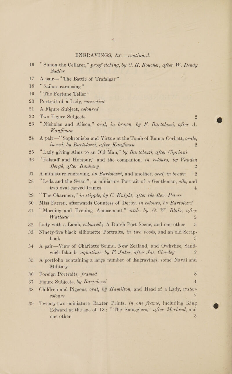 ENGRAVINGS, &amp;c.—continued. “Simon the Cellarer,” proof etching, by C. H. Boucher, after W. Dendy Sadler A pair—* The Battle of Trafalgar ” “Sailors carousing ” “The Fortune Teller ” Portrait of a Lady, mezzotint A Figure Subject, coloured Two Figure Subjects 2 “Nicholas and Alison,” oval, in brown, by F. Bartolozzi, after A. Kaufiman A pair—* Sophronisba and Virtue at the Tomb of Emma Corbett, ovals, in red, by Bartolozz, after Kauffman 2 “Lady giving Alms to an Old Man,” by Bartolozzi, after Cipriani ‘Falstaff and Hotspur,” and the companion, in colours, by Vanden Bergh, after Bunbury . 2 A miniature engraving, by Bartolozzi, and another, oval, in brown 2 (79 Cie Sty ° ° Leda and. the Swan”; a miniature Portrait of a Gentleman, oz/s, and two oval carved frames ; 4 “The Charmers,” in stipple, by C. Knight, after the Rev. Peters “Morning and Evening Amusement,” ovals, by G. W. Blake, after Watteau 2 Lady with a Lamb, coloured; A Dutch Port Scene, and one other: &lt;3 Ninety-five black silhouette Portraits, 7n two books, and an old Scrap. book 3 A pair—View of Charlotte Sound, New Zealand, and Owhyhee, Sand- wich Islands, aguatints, by F. Jukes, after Jas. Cleveley 2 A portfolio containing a large number of Engravings, some Naval and Military Foreign Portraits, /ramed . 8 Figure Subjects, by Bartolozzi 4 Children and Pigeons, oval, by Hamilton, and Head of a Lady, water- colours 2 Twenty-two miniature Baxter Prints, 7m one frame, including King Edward at the age of 18; “The Smugglers,” after Morland, and one other 3 