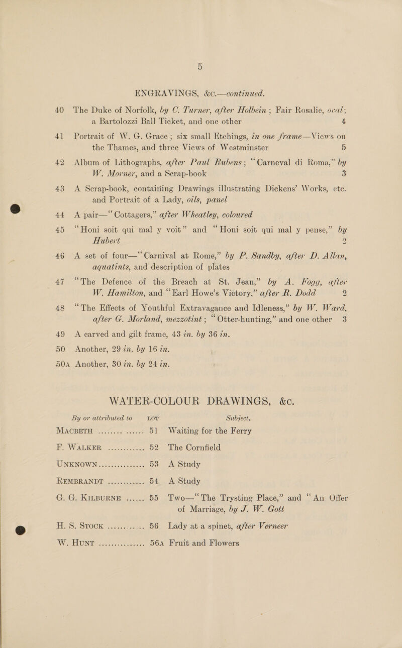 40 4] 42 46 48 49 50 ENGRAVINGS, &amp;c.—continued. The Duke of Norfolk, by C. Turner, after Holbein ; Fair Rosalie, oval; a Bartolozzi Ball Ticket, and one other 4 Portrait of W. G. Grace ; six small Etchings, 72 one frame—Views on the Thames, and three Views of Westminster 5 Album of Lithographs, after Paul Rubens; “Carneval di Roma,” by W. Morner, and a Scrap-book 3 A Scrap-book, containing Drawings illustrating Dickens’ Works, ete. and Portrait of a Lady, oz/s, panel A pair—‘‘Cottagers,” after Wheatley, coloured ‘“Honi soit qui mal y voit” and “Honi soit qui mal y pense,” by Hubert 2) a A set of four—* Carnival at Rome,” by P. Sandby, after D. Allan, aquatints, and description of plates “The Defence of the Breach at St. Jean,” by &lt;A. Fogg, after W. Hamilton, and “Earl Howe’s Victory,” after R. Dodd 2 “The Effects of Youthful Extravagance and Idleness,” by W. Ward, after G. Morland, mezzotint ; “ Otter-hunting,” and one other 3 A earved and gilt frame, 43 in. by 36 in. Another, 29 22. by 16 an. WATER-COLOUR DRAWINGS, &amp;c. By or attributed to LOT Subject. MEN CBB dy ard aon 51 Waiting for the Ferry Pe WAT oon ho e'5 52 The Cornfield A SENOWIN, oon scetieces 53 &lt;A Study REMBRANDT 05.0%. 54 A Study G. Gs RILBURNE 42 55 Two— The Trysting Place,” and “An Offer of Marriage, by J. W. Gott
