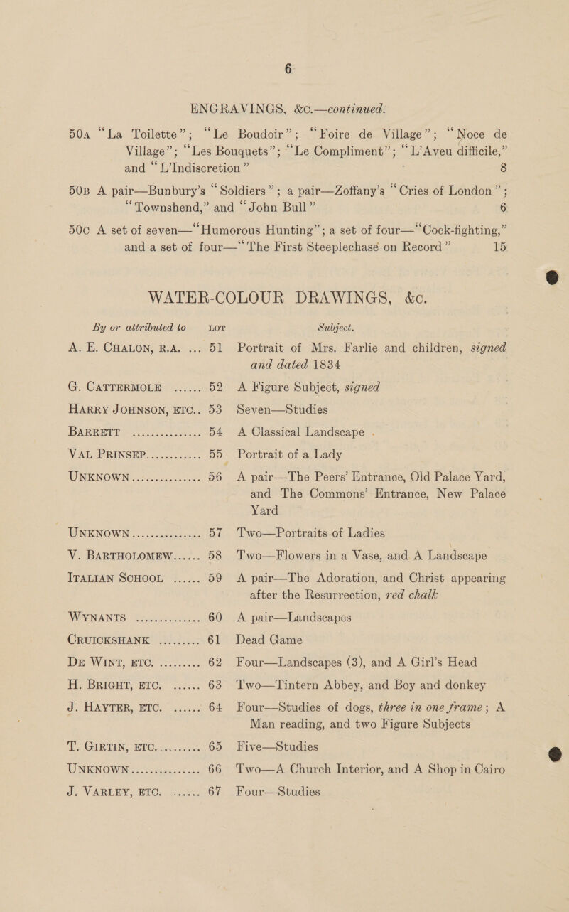 504 “La Toilette”; “Le Boudoir”; “Foire de Village”; “‘Noce de Village”; ‘Les Bouquets”; “Le Compliment”; “L’Aveu difficile,” 661 9 ° * oP) , and ~ L’Indiscretion 8 50B A pair—Bunbury’s “Soldiers” ; a pair—Zoffany’s “Cries of London” ; “Townshend,” and “John Bull” 6 50c A set of seven—* Humorous Hunting”; a set of four—“Cock-fighting,” and a set of four—The First Steeplechase on Record ” 15 WATER-COLOUR DRAWINGS, &amp;c. By or attributed to LOT Subject. A. EK. CHALON, R.A. ... 51 Portrait of Mrs. Farlie and children, szgned and dated 1834 | G. CATTERMOLE ...... 52 A Figure Subject, signed HARRY JOHNSON, ETC.. 53 Seven—Studies MOAR Ds. 5 cede ese 54 &lt;A Classical Landscape . N Aly PRINGEP. 2.5 c--2e.. 55 Portrait of a Lady WINKNOWN trevadess cocks 56 &lt;A pair—The Peers’ Entrance, Old Palace Yard, and The Commons’ Entrance, New Palace Yard | WNKINOWWN ..é &lt;ccnaretancd 57 Two—Portraits of Ladies V. BARTHOLOMEW...... 58 ‘T'wo—Flowers in a Vase, and A Landsenpe ITALIAN SCHOOL ...... 59 &lt;A pair—The Adoration, and Christ appearing after the Resurrection, red chalk WGN ANTS &lt; ticc5 seakares 60 A pair—Landscapes CRUIOKSHANK: 2.0... 61 Dead Game DG AVENT, BTC .. 62 Four—Landscapes (3), and A Girl’s Head H. BRIGHT, ETC. ..:... 63 Two—Tintern Abbey, and Boy and donkey Jd. HAVTBR, WHOL 3 csc 64 Four—Studies of dogs, three in one frame; A Man reading, and two Figure Subjects DS Gar TIN, WIC. us ck 65 Five—Studies | UNEN OWING; Avisos as 66 Two—A Church Interior, and A Shop in Cairo J. VARLBY, BIC. G.0e% 67 Four—Studies  