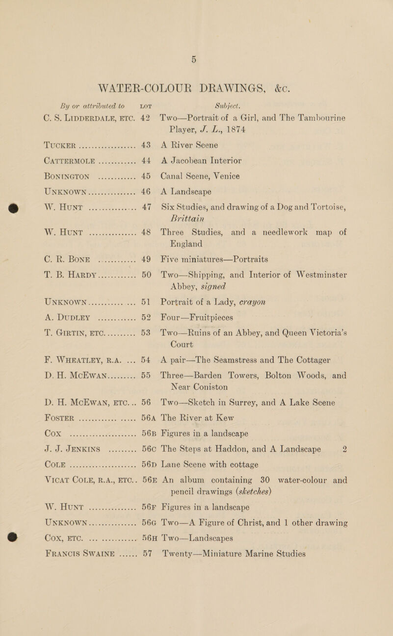 LOT C. 8. LIDDERDALE, ETC. 42 By or attributed to 257 05.5 eee oe 43 CATTBRMOLE . Asaect cass 44 IRONANGTON' 9. 0: Saeeces 45 UNKNOWNS 20S 8 46 NPN Sc Raed Siok 47 AV RING Save tw Seusee hse 48 Oa CONE Ota eet. 49 foo ree Dy oe 50 UNENOWN Oooo cee 51 Ae OUPEBY ss... 52 DP OAIREING PIC. c07.c he. Do 54 D5 F. WHEATLEY, B.A._... Deb MOE WAN sexes: D. H.. McEWAN, ETc... ! OOM UR egies ons ke ae as 56A CON wi eeerctens! 56B Jd.) UEREING doors 560 ECG Soe Se Ses Fe 56D VICAT COLE, B.A., ETC. O6E WONT ke eee 56F UNKNOWN tee ee 56G Oe, SRC. ahs etna tes _ 56H FRANCIS SWAINE ...... Salk Subject. Two—Portrait of a Girl, and The Tambourine Player, J..L, 1874 A River Scene A Jacobean Interior Canal Scene, Venice A Landscape Six Studies, and drawing of a Dog and Tortoise, Brittain Three Studies, England and a needlework map of Five miniatures—Portraits Two—Shipping, and Interior of Westminster Abbey, signed Portrait of a Lady, crayon Four—Fruitpieces Two—Ruins of an Abbey, and Queen Victoria’s Court A pair—The Seamstress and The Cottager Three—Barden Towers, Bolton Woods, and Near Coniston Two—Sketch in Surrey, and A Lake Scene The River at Kew Figures in a landscape The Steps at Haddon, and A Landscape 2 Lane Scene with cottage An album containing 30 water-colour and pencil drawings (sketches) Figures in a landscape Two—A Figure of Christ, and 1 other drawing Two—Landscapes Twenty—Miniature Marine Studies