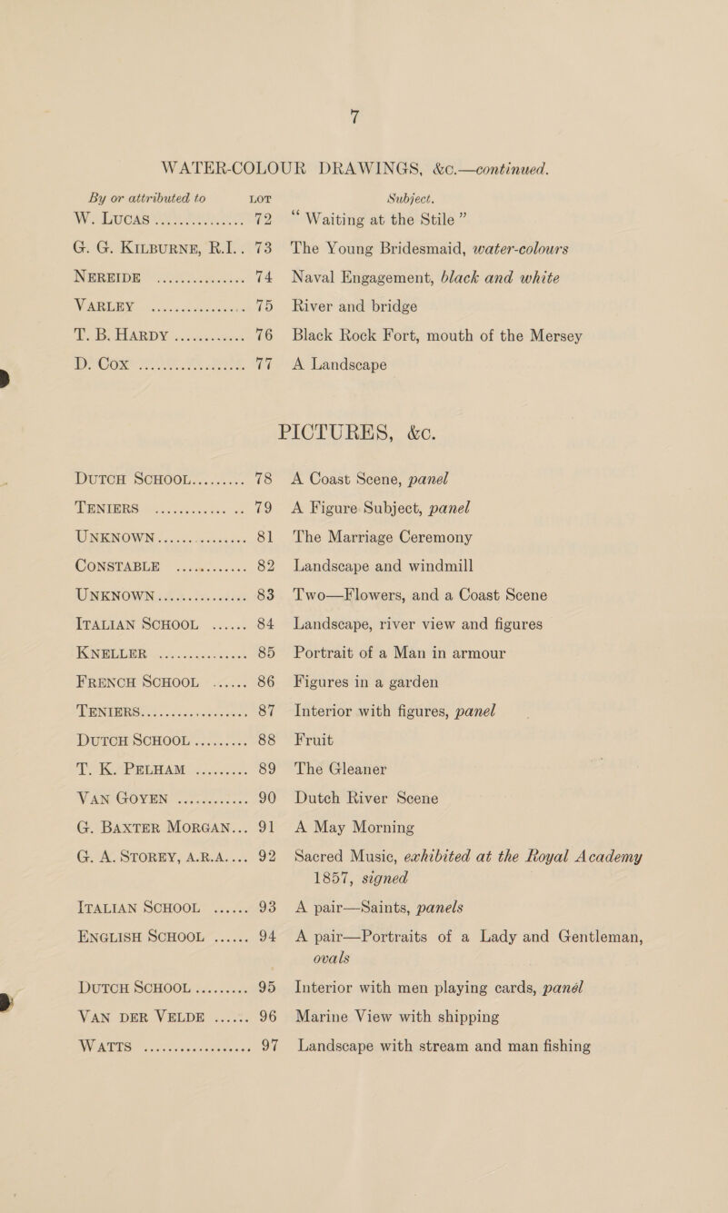 By or attributed to LOT Subject. Wehucay yee ot 72 “ Waiting at the Stile ” G. G. Kinpurne, R.I.. 73. The Young Bridesmaid, water-colours ERED n ove heme 74 Naval Engagement, black and white NENT. cscs atoseapraen 75 River and bridge SPs PARDON. ucdnweacteon 76 Black Rock Fort, mouth of the Mersey COs LE. AE Ree’ 77 A Landscape PICTURES, &amp;c. DUTCH SCHOOL. 0... .¢. 78 <A Coast Scene, panel gE 11 79 <A Figure Subject, panel IN IONOWN ooeks 6 oe es 81 The Marriage Ceremony CONSTABLE ..)ccsises. 82 Landscape and windmill WINE NOWN db Sx. sche 83 Two—Flowers, and a Coast Scene ITALIAN SCHOOL ...... 84 Landscape, river view and figures PONE ER che ciacaced sick 85 Portrait of a Man in armour FRENCH SCHOOL. °.<... 86 Figures in a garden EDEINTEIR SOY... onanccenoaees 87 Interior with figures, panel DUTCH SCHOOL 005.5 <5. 88 Fruit SIC AP RUAMS 5 cdccccte 89 The Gleaner MANPGOY BN, oot tcgsc ass 90 Dutch River Scene G. BAXTER MorGAN... 91 A May Morning G. A. STOREY, A.R.A.... 92 Sacred Music, exhibited at the Royal Academy 1857, segned ITALIAN SCHOOL ...... 93 A pair—Saints, panels ENGLISH SCHOOL ...... 94 A pair—Portraits of a Lady and Gentleman, ovals DUTCH SCHOOL .s....<c<:; 95 Interior with men playing cards, panél VAN DER VELDE ....:. 96 Marine View with shipping pS, Ga aa reef 97 Landscape with stream and man fishing