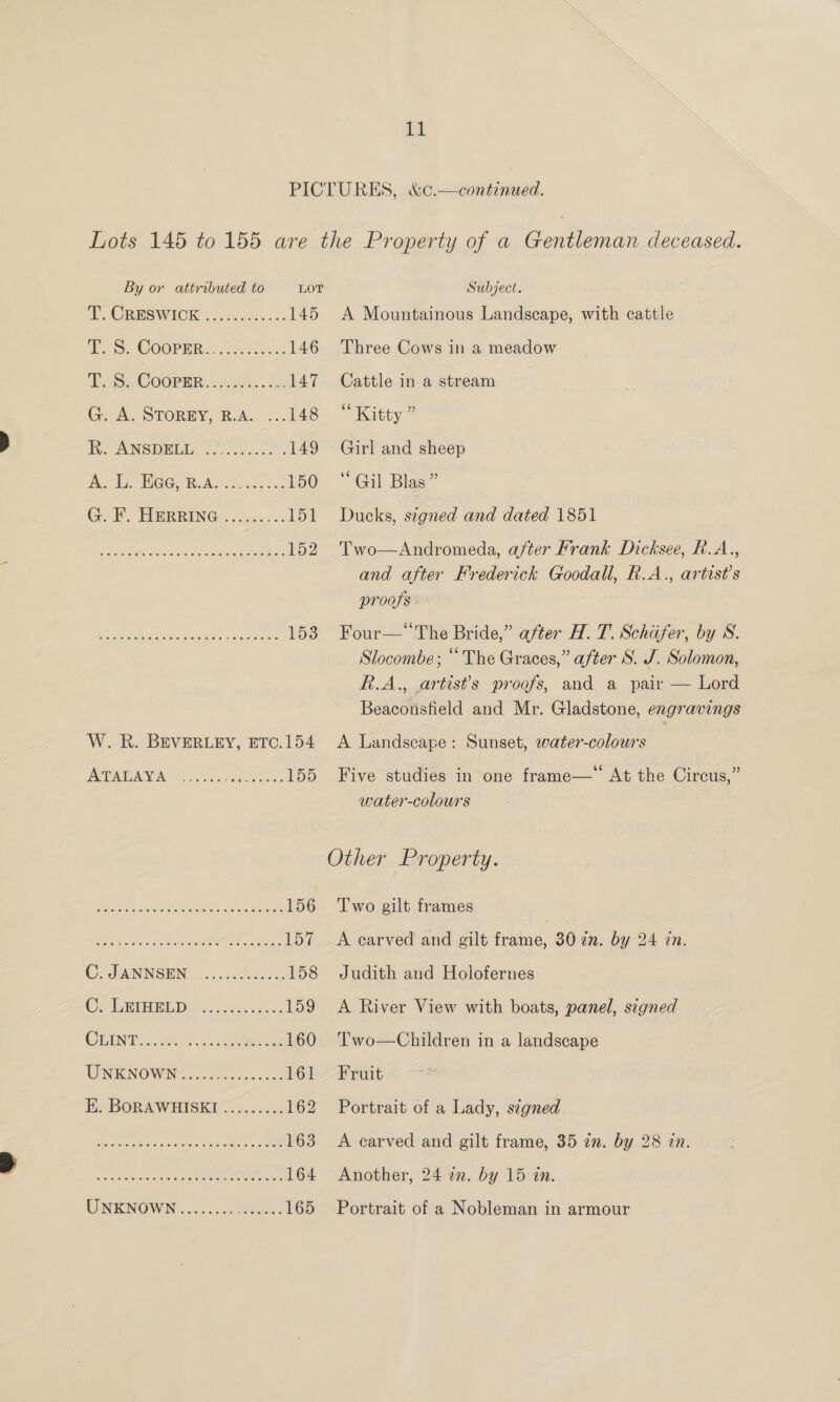  continued. By or attributed to LOT ORES WICK coc vaste wes 145 Wo, COOPER: <5 0. face 146 EAS COOPER: kant: . LAT G. A. STOREY, R.A. ...148 Be NGM Ees ete 149 Pena WOGe Reke snc lse BOO GY. HERRING |... 151 Be he area Be clei ote Barina Se 152 See Oe ree aaa 153 W.R. BEVERLEY, ETC.154 PAE AVA Gel ee eee 155 pee Re Brae So NS © 156 BR ists e me, cra 157 C. SRNNSEN | 2. .0Se05. 158 Cr DHE Day a ea 159 CLINT. 2h Ae 160 WNENOWING o7, osc 161 E. BORAWHISKI~........ 162 Me ist ance come 163 aN «chance eet OU 164 Subject. A Mountainous Landscape, with cattle Three Cows in a meadow Cattle in a stream Kitty: Girl and sheep ‘Gil Blas” Ducks, stgned and dated 1851 Two—Andromeda, after Frank Dicksee, R.A., and after Frederick Goodall, R.A., artist's proofs Four— The Bride,” after H. T. Schafer, by S. Slocombe; “The Graces,” after S. J. Solomon, R.A., artist's proofs, and a_ pair —- Lord Beaconsfield and Mr. Gladstone, exgravings A Landscape: Sunset, water-colours ° 3 . ° ¢ . Five studies in one frame— At the Circus,” water-colours Two gilt frames A carved and gilt frame, 30722. by 24 in. Judith and Holofernes A River View with boats, panel, signed T’wo—Children in a landscape Fruit Portrait of a Lady, signed A carved and gilt frame, 35 an. by 28 in. Another, 24 22. by 15 in.