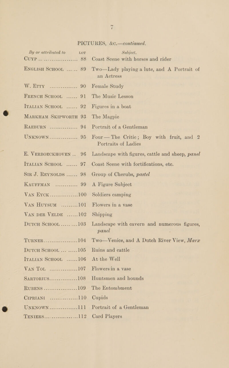 ~I By or attributed to LOT Cree Pig Ph cones} ts. 88 ENGLISH SCHOOL ...... 89 1) a os eee ere 90 FRENCH SCHOOL ...... 91 IFALIAN SCHOOL «...2. 92 MARKHAM SKIPWORTH 93 RAEBURN UNKNOWN: 2. Adecco 95 E. VERBOECKHOVEN ... 96 ITALIAN SCHOOL .:.... oid SIR J. REYNOLDS ...... 98 TONOREMAN — So5.0 6. ones: 99 VNU MOKS, vse tee 100 VAN HUYSUM&gt;&lt;...2.2. 3. 101 VAN; DER VELDE -&lt;..... 102 DUTCH SCHOOL ....5055. 103 URN is Ai ecenooee: 104 DuTen SCHOOL &lt;4 occ 105 ITALIAN SCHOOL .c. 5: 106 WANG Oli: | aces ane aayeas 107 SAR DORIUG &lt;jcua conn 108 VU DING x42, chatecrear ant 109 CIPRIANT 250 .e ke 110 EE NENOWN fon0. cress 111 SE PNUD Gs wos 2. Soap Caen LZ Subject. Coast Scene with horses and rider Two—Lady playing a lute, and A Portrait of an Actress  Female Study The Music Lesson Figures in a boat The Magpie Portrait of a Gentleman Four == The Critic, Boy with. iruit,.and.2 Portraits of Ladies Landscape with figures, cattle and sheep, panel Coast Scene with fortifications, ete. Group of Cherubs, pastel A Figure Subject Soldiers camping Flowers in a vase Shipping Landscape with cavern and numerous figures, panel Two—Venice, and A Dutch River View, Mara Ruins and cattle At the Well Flowers in a vase Huntsmen and hounds The Entombment Cupids Portrait of a Gentleman Card Players