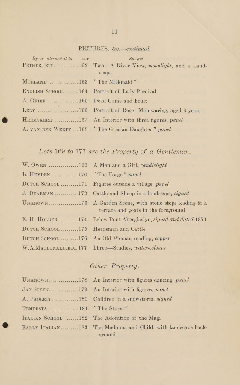 tl By or attributed to LOT PETER) BtO.20.05. 200.3 162 MORELAND: 224: 2.054% aie 163 ENGLISH SCHOOL ...... 164 Bi GRERP bn ce hauyg 2 165 TARY 5.1 al ist ee es 166 HGiMSKER Koa) fothe 167 A. VAN DER WERFF ...168 Subject. Two—A River View, moonlight, and a Land- scape “The Milkmaid ” Portrait of Lady Percival Dead Game and Fruit Portrait of Roger Mainwaring, aged 6 years An Interior with three figures, panel “The Grecian Daughter,” panel NEON oS cise: 169 RPV EN 30h bd0n d: 170 DerCr SCHOOL, 3s .uccc. 171 OD WARM AN 6553. : kak 172 TWENENOWN 200 ..a05 Lie Be Pi HOLDER «2. .0.40.: 174 DUTCH SCHOOL .o:2. a... Pe DUTCH SCHOOL 2.) .... 176 W.A.MACDONALD, ETC. 177 UNENOWNES): gucacesie 178 SANS URIN 3) Sisocaee 1, V2 10) Fl Sea 180 TMP HOA ee. sees. 181 ITALIAN SCHOOL “4 !.7.. 182 BARGY ITALIAN 0252.2. 183 A Man and a Girl, candlelight “The Forge,” panel Figures outside a village, panel Cattle and Sheep in a landscape, signed A Garden Scene, with stone steps leading to a terrace and goats in the foreground Below Pont Aberglaslyn, signed and dated 1871 Herdsman and Cattle An Old Woman reading, copper Three—Studies, water-colours Other Property. An Interior with figures dancing, panel An Interior with figures, panel Children in a snowstorm, signed “The Storm ” The Adoration of the Magi The Madonna and Child, with landscape back- ground