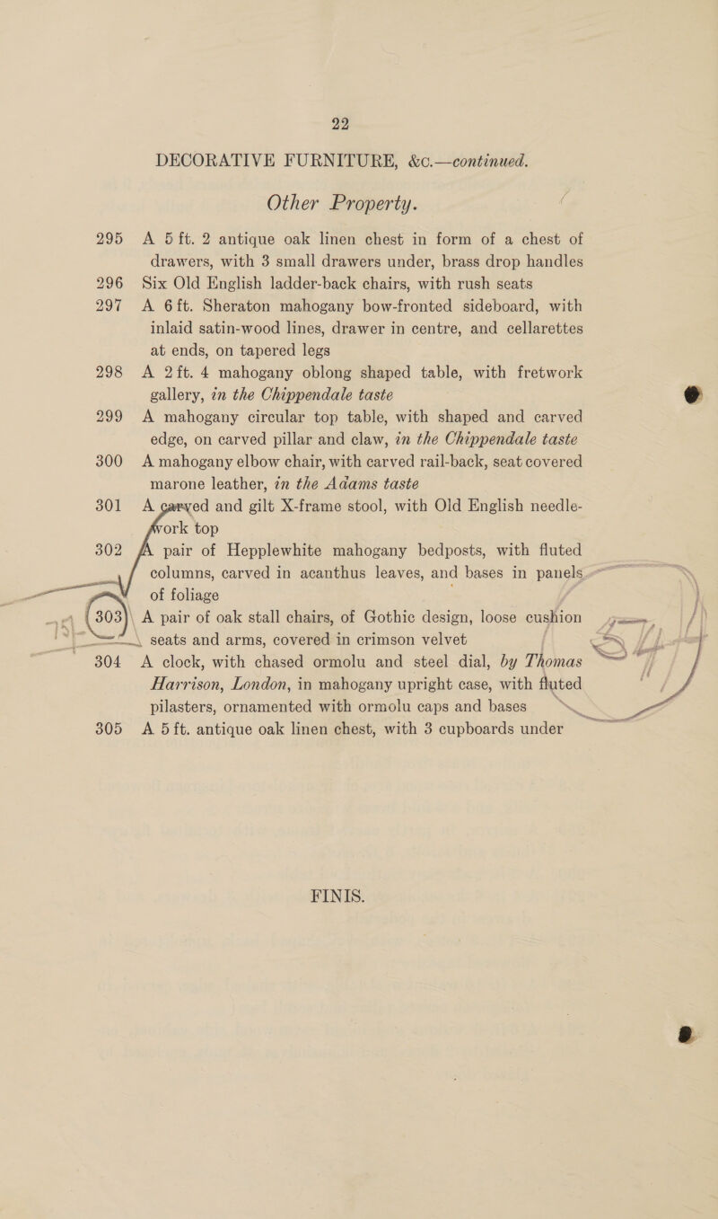 DECORATIVE FURNITURE, &amp;c.—continued. Other Property. 295 <A 5 ft. 2 antique oak linen chest in form of a chest of drawers, with 3 small drawers under, brass drop handles 296 Six Old English ladder-back chairs, with rush seats 297 A 6ft. Sheraton mahogany bow-fronted sideboard, with inlaid satin-wood lines, drawer in centre, and cellarettes at ends, on tapered legs 298 A 2ft. 4 mahogany oblong shaped table, with fretwork gallery, in the Chippendale taste 299 A mahogany circular top table, with shaped and carved edge, on carved pillar and claw, in the Chippendale taste 300 A mahogany elbow chair, with carved rail-back, seat covered marone leather, 7n the Adams taste 301 A carved and gilt X-frame stool, with Old English needle- ork top pair of Hepplewhite mahogany bedposts, with fluted columns, carved in acanthus leaves, and bases in panels a of foliage -F Ge) A pair of oak stall chairs, of Gothic design, loose cushion “' =*_\ seats and arms, covered in crimson velvet ~ 304 <A clock, with chased ormolu and steel dial, by Thomas Harrison, London, in mahogany upright case, with fluted pilasters, ornamented with ormolu caps and bases 305 <A 5ft. antique oak linen chest, with 3 cupboards under    se Er FINIS.  