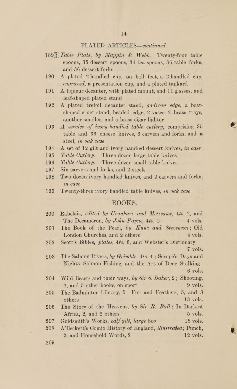 14 PLATED ARTICLES—continued. 190 193 194 195 196 197 198 spoons, 35 dessert spoons, 34 tea spoons, 36 table es and 36 dessert forks A plated 2-handled cup, on ball feet, a 2-handled cup, engraved, a presentation cup, and a plated tankard A liqueur decanter, with plated mount, and 11 glasses, and leaf-shaped plated stand A plated trefoil decanter stand, gadroon edge, a boat- shaped cruet stand, beaded edge, 2 vases, 2 brass trays, another smaller, and a brass cigar lighter A service of wory handled table cutlery, comprising 35 table and 36 cheese knives, 6 carvers and forks, and a steel, 22 oak case A set of 12 gilt and ivory handied dessert knives, 22 case Table Cutlery. Three dozen large table knives Table Cutlery. Three dozen small table knives Six carvers and forks, and 2 steels . Two dozen ivory handled knives, and 2 carvers and forks, in case Twenty-three ivory handled table knives, 72 oak case BOOKS. Rabelais, edited by Urquhart and Motteauax, 4to, 2, and The Decameron, by John Payne, 4to, 2 4 vols. The Book of the Pearl, by Kunz and Stevenson; Old London Churches, and 2 others 4 vols. Scott’s Bibles, plates, 4to, 6, and Webster’s Dictionary 7 vols, The Salmon Rivers, by Grimble, 4to, 4 ; Serope’s Days and Nights Salmon Fishing, and the Art of Deer Stalking 6 vols. Wild Beasts and their ways, by Sir S. Baker, 2; Shooting, 2, and 5 other books, on sport 9 vols. The Badminton Library, 5; Fur and Feathers, 5, and 3 others 13 vols. The Story of the Heavens, by Sir A. Ball; In Darkest Africa, 2, and 2 others 5 vols. Goldsmith’s Works, calf gilt, large 8vo 18 vols. A’Beckett’s Comic History of England, zllustrated; Punch, es