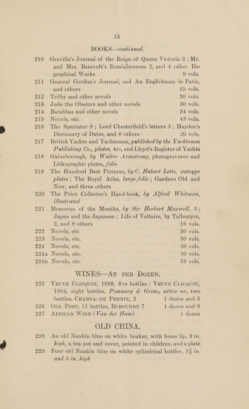 15 BOOKS—continued. and Mrs. Bancroft’s Reminiscences 2, aid 4 other Bio graphical Works 9 vols. General Gordon’s Journal, and An Englishman in Paris, and others 25. vols, Trilby and other novels 30 vols. Jude the Obscure and other novels 30 vols. Barabbas and other novels 34 vols. Novels, ete. 43 vols. The Spectator 8; Lord Chesterfield’s letters 3; Hayden’s Dictionary of Dates, and 8 others 20 vols. British Yachts and Yachtsmen, published by the Yachtsmen Publishing Co., plates, 4t0, and Lloyd’s Register of Yachts Gainsborough, by Walter Armstrong, photogravures and Lithographic plates, folio The Hundred Best Pictures, by C. Hubert Letts, autoype plates; The Royal Atlas, large folio; Gardens Old and New, and three others The Print Collector’s Hand-book, by Alfred Whitman, illustrated Memories of the Months, by Str Herbert Maawell, 5; Japan and the Japanese ; Life of Voltaire, by Tallentyre, 2, and 8 others 16 vols. Novels, ete. 30 vols. Novels, ete. 30 vols. Novels, ete. 30 vols. Novels, ete. 30 vols. Novels, ete. 33 vols. WINES—AtT PER DOZEN. VEUVE CLICQUOT, 1899, five bottles; VEUVE CLICQUOT, 1904, eight bottles, Pommery &amp; Greno, eatra sec, two bottles, CHAMPAGNE PHENIX, 2 1 dozen and 5 OLD Port, 11 bottles, BURGUNDY 7 1 dozen and 6 AFRICAN WINE (Van der Hum) 1 dozen OLD CHINA. An old Nankin blue on white beaker, with brass lip, 9 7m. high, a tea pot and cover, painted in children, and a plate Four old Nankin blue on white cylindrical bottles, 54 7n. and 5 in. high