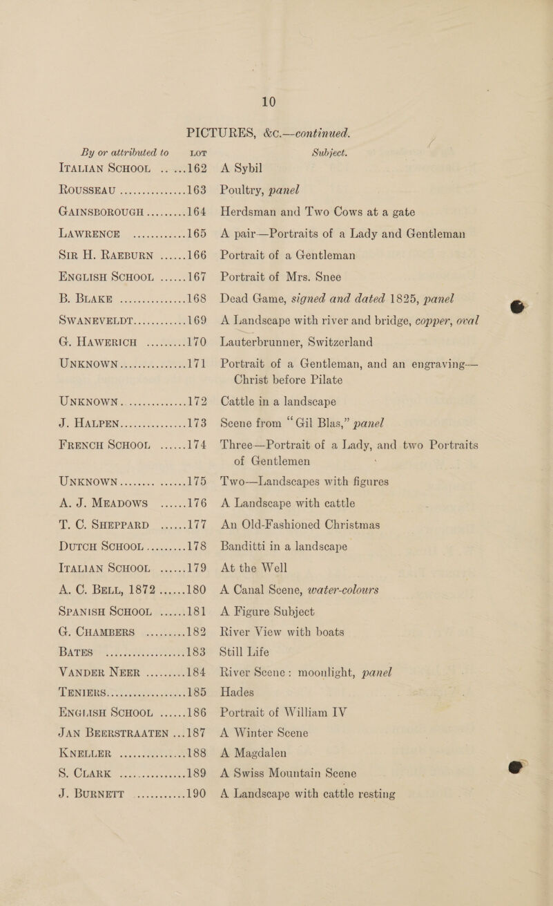 By or attributed to LOT ITALIAN SCHOOL .. ... 162 ROUSSHAU 5... Gen. 163 GAINSBOROUGH ......... 164 LA WRENCH 2 5.0.¢ shew 165 SIR EL. RARBURN &lt;..: 166 ENGLISH SCHOOL ...... 167 Bs BAR 4 oo i.8 ss Sskacn 168 SWANEVELDT. «3... 2.02 169 G. HAWERICH ... 032% 170 UNKNOWN 1.0554. 05% al IN RENOWN se sincnie cscs 172 d. TARDPEN Cc 6s es £73 FRENCH SCHOOL ...... 174 ONNOW IN osc ssa, fora oy 175 A. J. MEADOWS ....... 176 T. C. SHEPPARD ..\..: 17 DUTCH SCHOOL . .«.....;. 178 ITALIAN SCHOOL. ...:..; 179 A.C, BRED Toye... 180 SPANISH SCHOOL ...... 181 G. CHAMBERS §....h6ca 182 AMONG. 2). Ll es 183 VANDER NEER ......... 184 ENTERS Sin be. ones 185 ENGLISH SCHOOL ...... 186 JAN BEERSTRAATEN ...187 KWEEER ...... 2808 188 SOLAR &lt;.,. os... ssave ders 189 Jd, POINTED. oo. cb ane 190 Subject. A Sybil Poultry, panel Herdsman and Two Cows at a gate A pair—Portraits of a Lady and Gentleman Portrait of a Gentleman Portrait of Mrs. Snee Dead Game, signed and dated 1825, panel A Landscape with river and bridge, copper, oval Lauterbrunner, Switzerland Portrait of a Gentleman, and an engraving-—— Christ before Pilate Cattle in a landscape Scene from “Gil Blas,” panel Three—Portrait of a Lady, and two Portraits of Gentlemen Two—Landscapes with figures A Landscape with cattle An Old-Fashioned Christmas Banditti in a landscape At the Well A Canal Scene, water-colours A Figure Subject River View with boats Still Life River Scene: moonlight, panel Hades Portrait of William IV A Winter Scene A Magdalen A Swiss Mountain Scene A Landscape with cattle resting