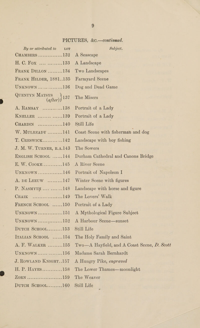 By or attributed to LOT CHAMBERS frcasdecssesss 132 Eby OM Oe ii: Sea dee 133 FRANK DILUON’.:..2.... 134 FRANK HILpgER, 1881..135 WINEINOWN |. ci. cas cecse 136 QUENTYN MATSys } 137 (after) Doig AWARE SQN Se oesha deat 138 LGU ao 139 CEPARIEN Soho cveseraeas 140 We MULREADY <...¢008 141 Te ORMSWICK. ..cscescc as 142 J. M.W. TURNER, R.A.143 ENGLISH SCHOOL ...... 144 ng Wy COOKE ee aos 02eu, 145 TON BINOWN so. <35 ccceacees 146 Ae DEL WWO Wo ciicaz or 147 Pl UNASHYIR >..cacecus. 148 0/0 eae ae ere ORE oe 149 FRENCH SCHOOL ...... 150 TJIMEN OWN Se 5.56 ow clones 151 ViRNOWIN 5.4. pig Gee: 152 DOPCH,SCHOOMs0i <5 603% 153 ITALIAN SCHOOL .....: 154 Peete VWOADERR, on... Scns. 155 WNIENOWN, 2c. ein oetan 156 J. ROWLAND KNIGHT..157 EEE ESV Sis). eck 158 Subject. A Seascape A Landscape Two Landscapes Farmyard Scene Dog and Dead Game The Misers Portrait of a Lady Portrait of a Lady Still Life | Coast Scene with fisherman and dog Landscape with boy fishing The Sowers Durham Cathedral and Canons Bridge A River Scene Portrait of Napoleon I Winter Scene with figures Landscape with horse and figure The Lovers’ Walk Portrait of a Lady A Mythological Figure Subject A Harbour Scene—sunset Still Life The Holy Family and Saint Two—A Hayfield, and A Coast Scene, D. Scott Madame Sarah Bernhardt A Hungry Pike, engraved The Lower Thames—moonlight The Weaver Still Life