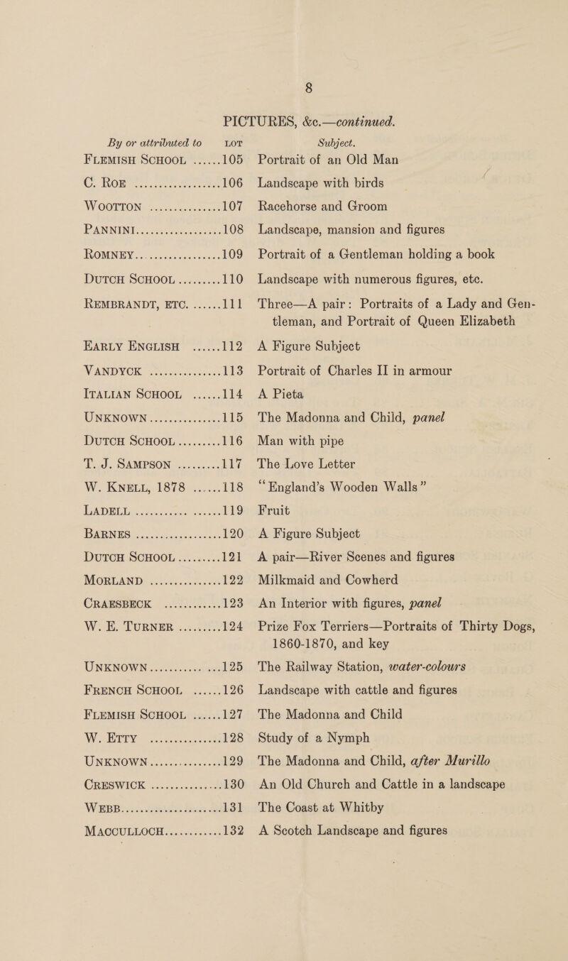 By or attributed to FLEMISH SCHOOL LOT COM ie ee 106 WOOTTON: Galonvanecues 107 TAANINNIL, eens eenente ace 108 TROMINGY fei ap nd gre Sleds 109 DOTOH SCHOOL .4...% 110 REMBRANDT, ETC. ...... pel EARLY ENGLISH ...... 112 WAND YOR © Seo eck 113 ITALIAN SCHOOL ...... 114 WINKINOWIN ooo se00becctes 115 DUTCH SCHOOL ......:.. 116 T.J. SAMPSON ......... 117 W. KNELL, 1878. 3... 118 ASIN esate te ee Fi9 BVAGEN BS xo caaciie ose 80 120 DutcH SCHOOL ......... 121 MORLAND: .o.60s.c.cee5et 122 CRAESBECK. ............ 123 W.E. TURNER. ..3..2205. 124 UNKNOWN s 05.005. co us)auh 125 FRENCH SCHOOL ...... 126 FLEMISH SCHOOL ...... 127 WORT ANY 7 cet prance 128 UNKNOWN... cei ieee eant 129 CRESWICK cusps desde 130 W BEB ea. ues doe oe 131 Subject. Portrait of an Old Man Landscape with birds Racehorse and Groom Landscape, mansion and figures Portrait of a Gentleman holding a book Landscape with numerous figures, etc. Three—A pair: Portraits of a Lady and Gen- tleman, and Portrait of Queen Elizabeth A Figure Subject Portrait of Charles II in armour A Pieta The Madonna and Child, panel Man with pipe The Love Letter ‘England’s Wooden Walls” Fruit A Figure Subject A pair—River Shoubs and figures Milkmaid and Cowherd An Interior with figures, panel Prize Fox Terriers—Portraits of Thirty Dogs, 1860-1870, and key The Railway Station, water-colours Landscape with cattle and figures The Madonna and Child Study of a Nymph The Madonna and Child, after Murillo An Old Church and Cattle in a landscape The Coast at Whitby A Scotch Landscape and figures