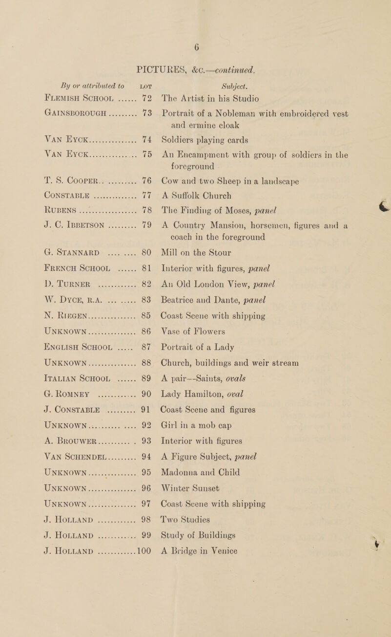 PICTURES, &amp;c¢.—continued. By or attributed to LOT Subject. FLEMISH SCHOOL ...... 72 The Artist in his Studio GAINSBOROUGH ......... 73 Portrait of a Nobleman with embroidered vest and ermine cloak Ba Dee) Come cee ee 74 Soldiers playing cards Vaw IiVOK 21... .ne ... 75 An Encampment with group of soldiers in the foreground - TS OGRE Retetain fhe 76 Cow and two Sheep in a landscape CONSTABI ak. coro es 77 =A Suffolk Church RUBENG 3c 2s are 78 The Finding of Moses, panel J. IRBRTSON 0.50 79 A Country Mansion, horsemen, figures and a coach in the foreground Ge DFANNARD =... 80 Mill on the Stour FRENCH SCHOOL ...... 81 Interior with figures, panel TD URN: hecinw Bs coe 82 An Old London View, panel W. Dyck, R.A. ... ..... 83 Beatrice and Dante, panel IN SOI... ete anus 85 Coast Scene with shipping UNENOWN ..tec55000c00. 86 Vase of Flowers IENGLISH SCHOOL ..... 87 Portrait of a Lady | Wi NOWIN YR ee es 88 Church, buildings and weir stream ITALIAN ScHo00l, ¢..... 89 <A pair—-Saints, ovals G ROMNEY 2.500600. 90 Lady Hamilton, oval J. CONSTABLE ..0c1.... 91 Coast Scene and figures UNENOWN o2ccccelte ook 92 Guilin‘ mob cap A ABROU WER ss 22 . 93 Interior with figures VAN SCHENDEL......... 94 <A Figure Subject, panel A INTE OWN 08 orca fags 95 Madonna and Child NINN OWING fig one peeiereg 96 Winter Sunset UNKINOW Nao. es corss ss 97 Coast Scene with shipping 0 Meh OMB RONDO Ss, 55 eco 98 ‘Two Studies di, SLOMAN D 3. ote cehes 99 Study of Buildings TO IGN fens c's eteace 100 <A Bridge in Venice